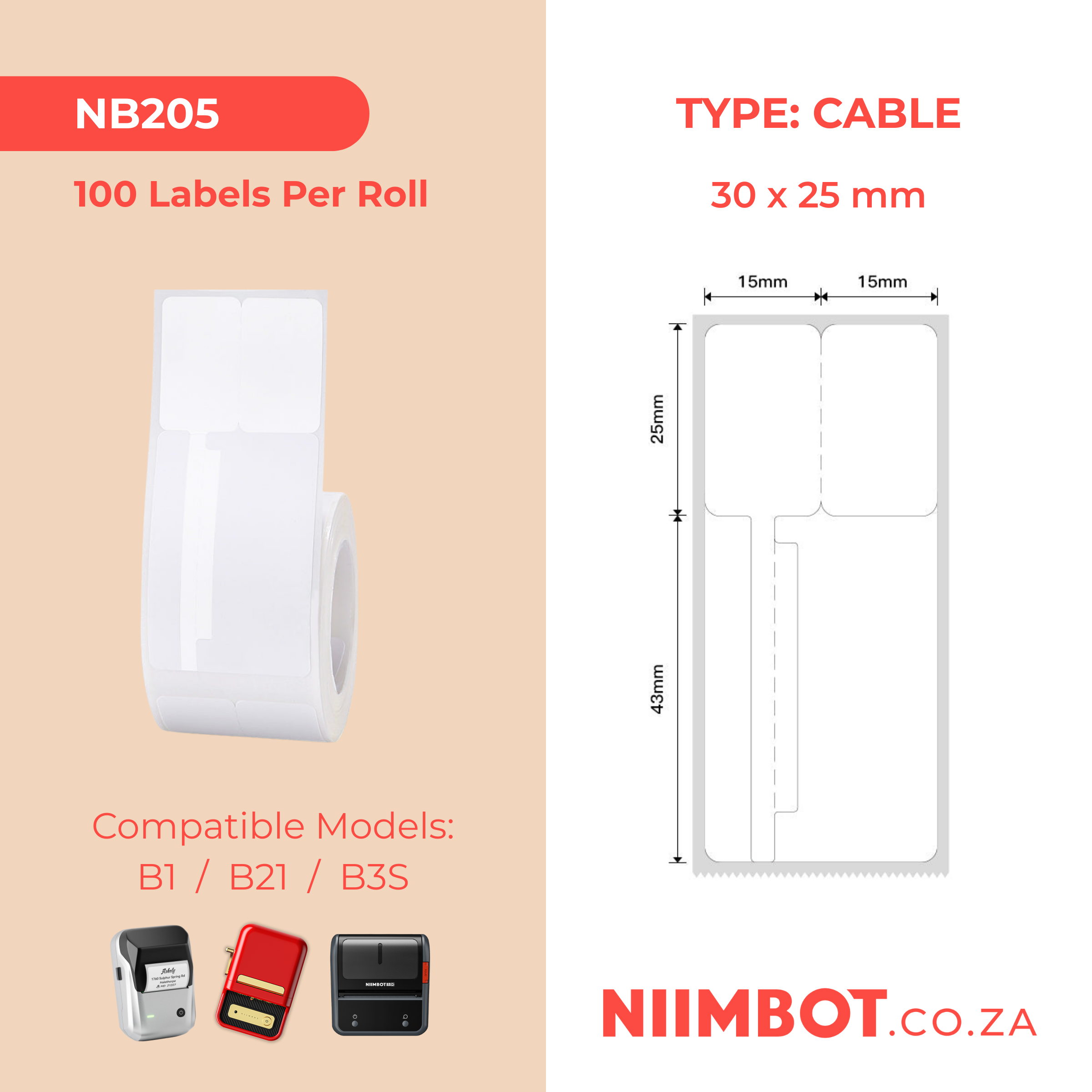NB205 - NIIMBOT - B1 / B21 / B3S - T30*70MM (30*25+45)- 100 LABELS PER ROLL - WHITE - CABLE DESIGN