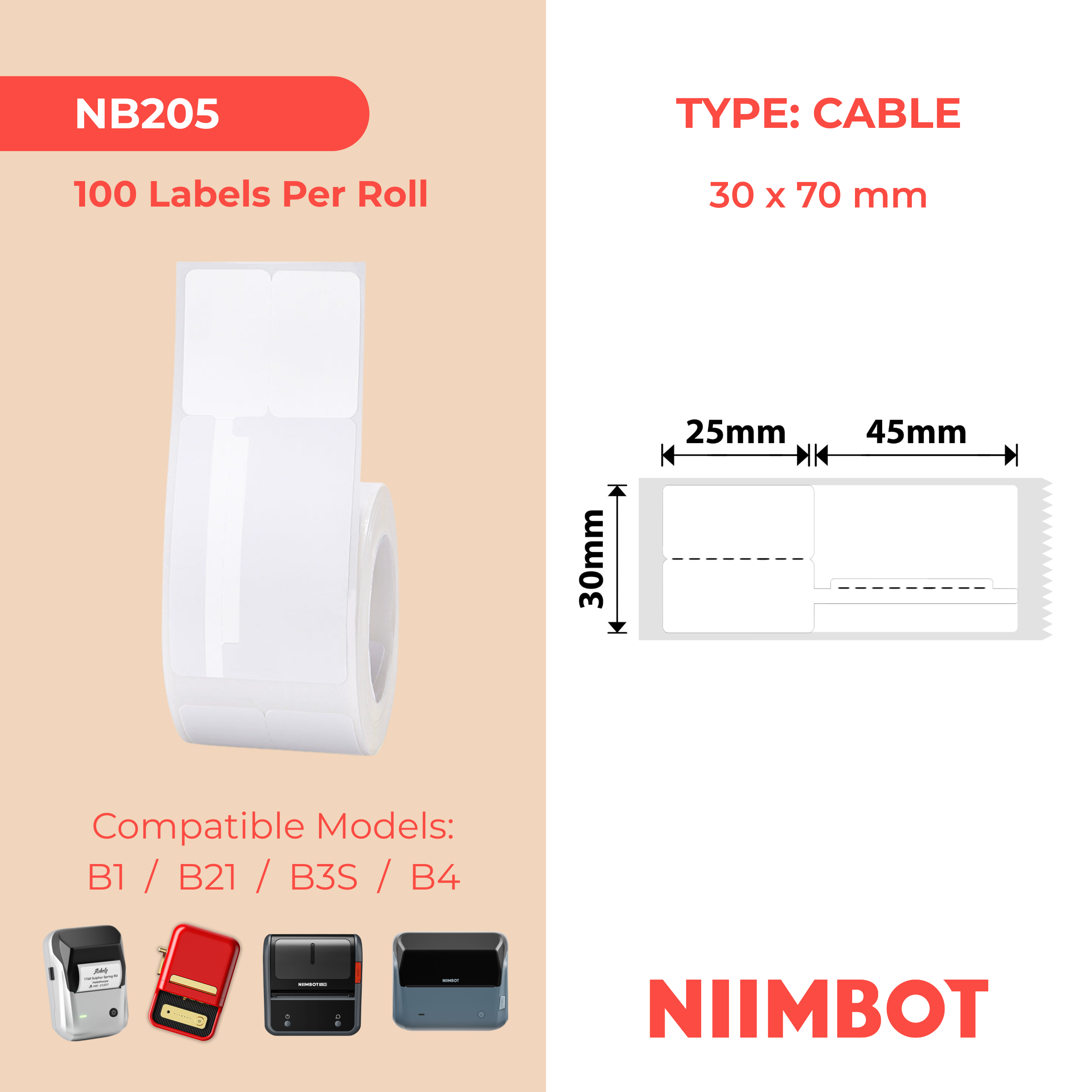 NB205 - Niimbot - B1 / B21 / B31 / B3S / B4 - 30x70mm - 100 White Cable Labels