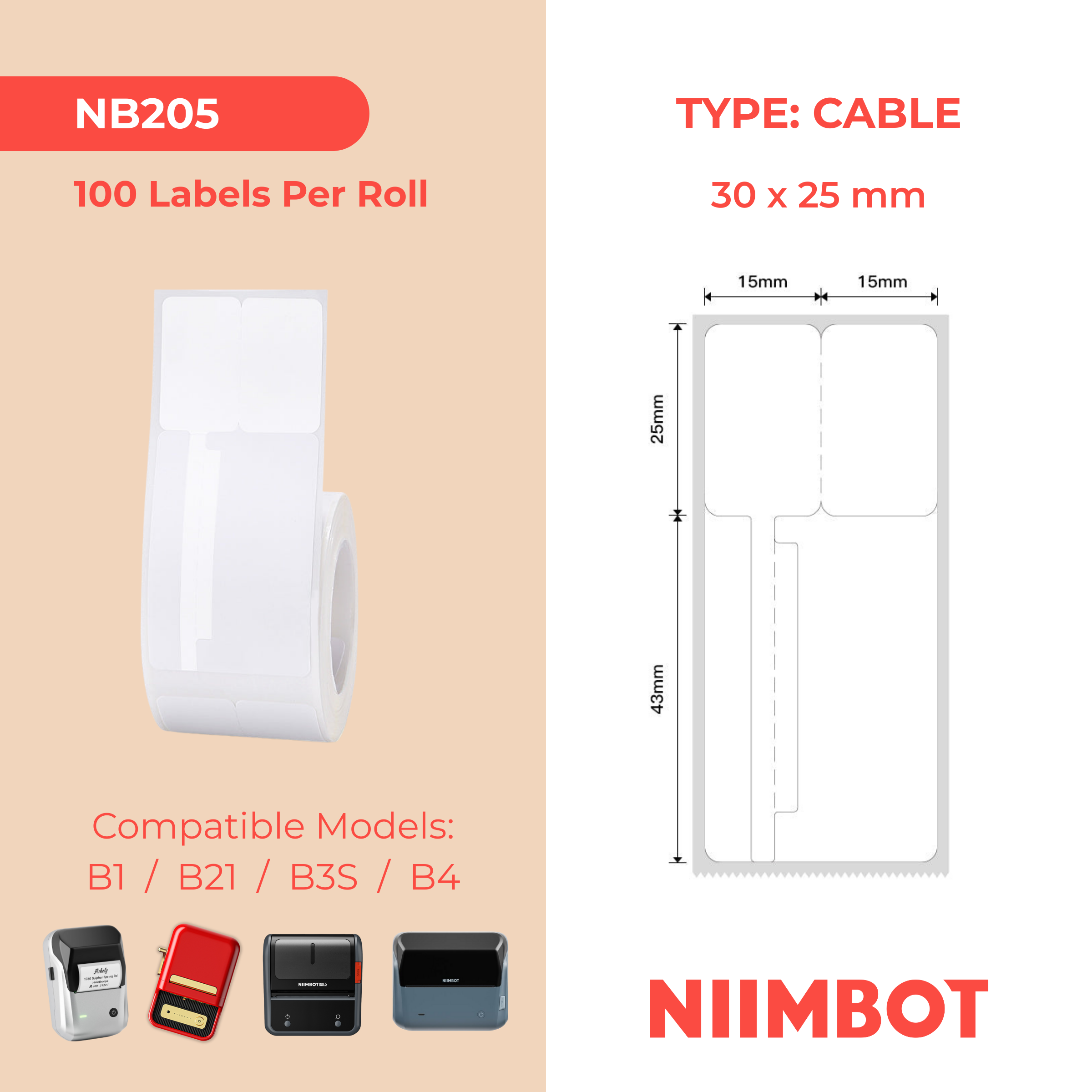 NB205 - NIIMBOT - B1 / B21 / B3S / B4 - T30X70MM (30X25+45) - 100 LABELS PER ROLL - WHITE - CABLE
