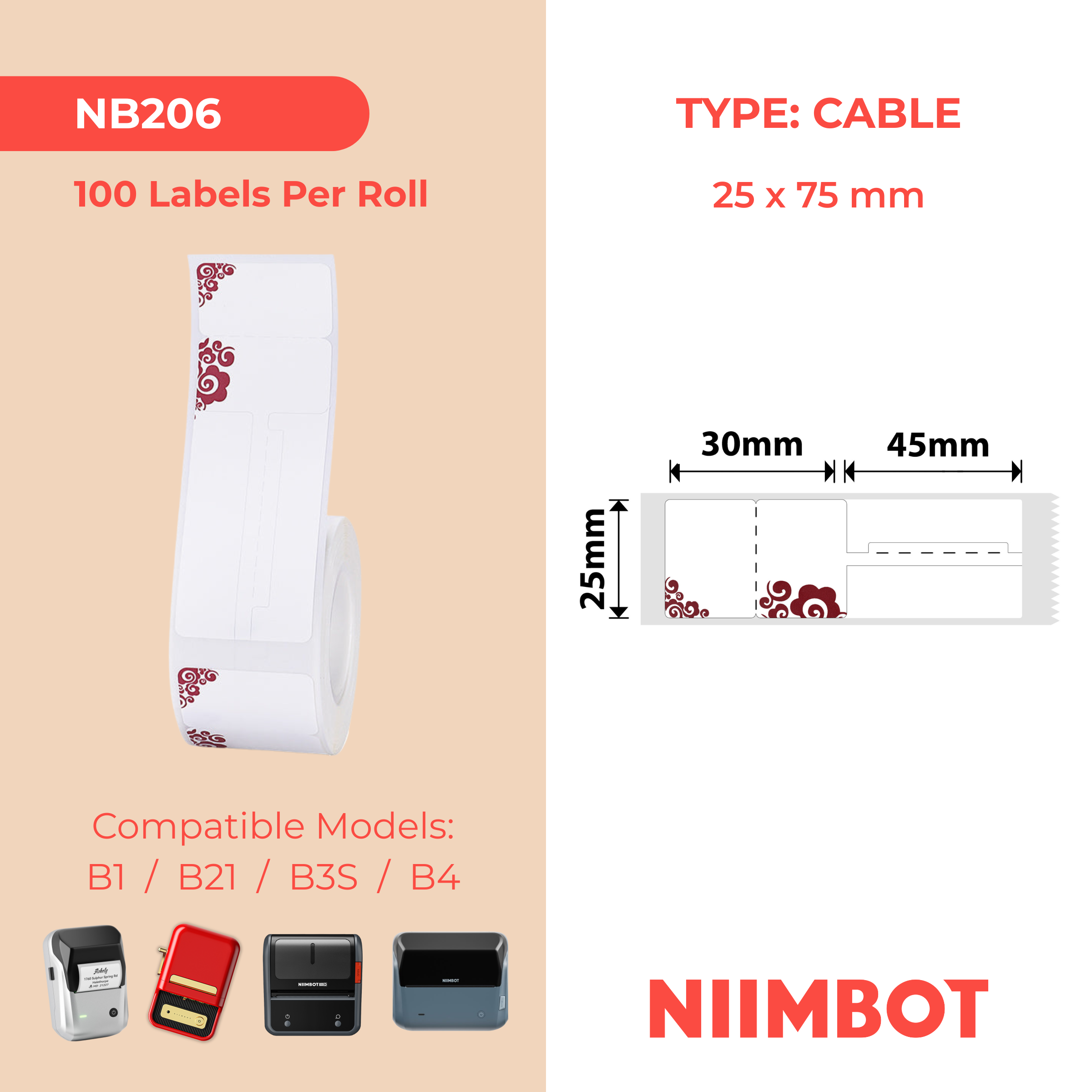 NB206 - NIIMBOT - B1 / B21 / B3S - R02T - 25*75MM (25*30+45) - 100 ETIKETTE PER ROL - DIEPROOID ONTWERP