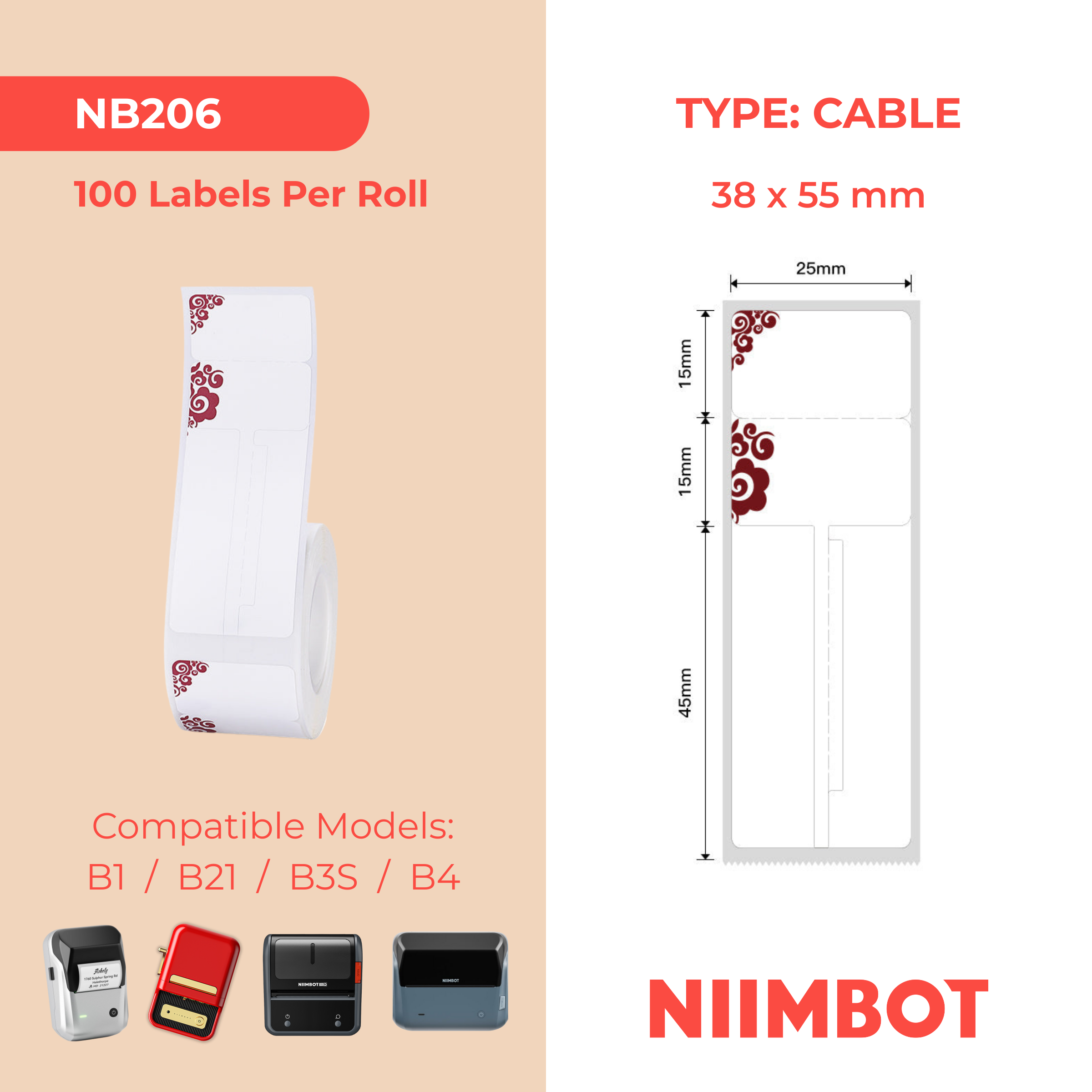 NB206 - NIIMBOT - B1 / B21 / B3S / B4 - R02T - 25X75MM (25X30+45) - 100 LABELS PER ROLL - DEEP RED DESIGN