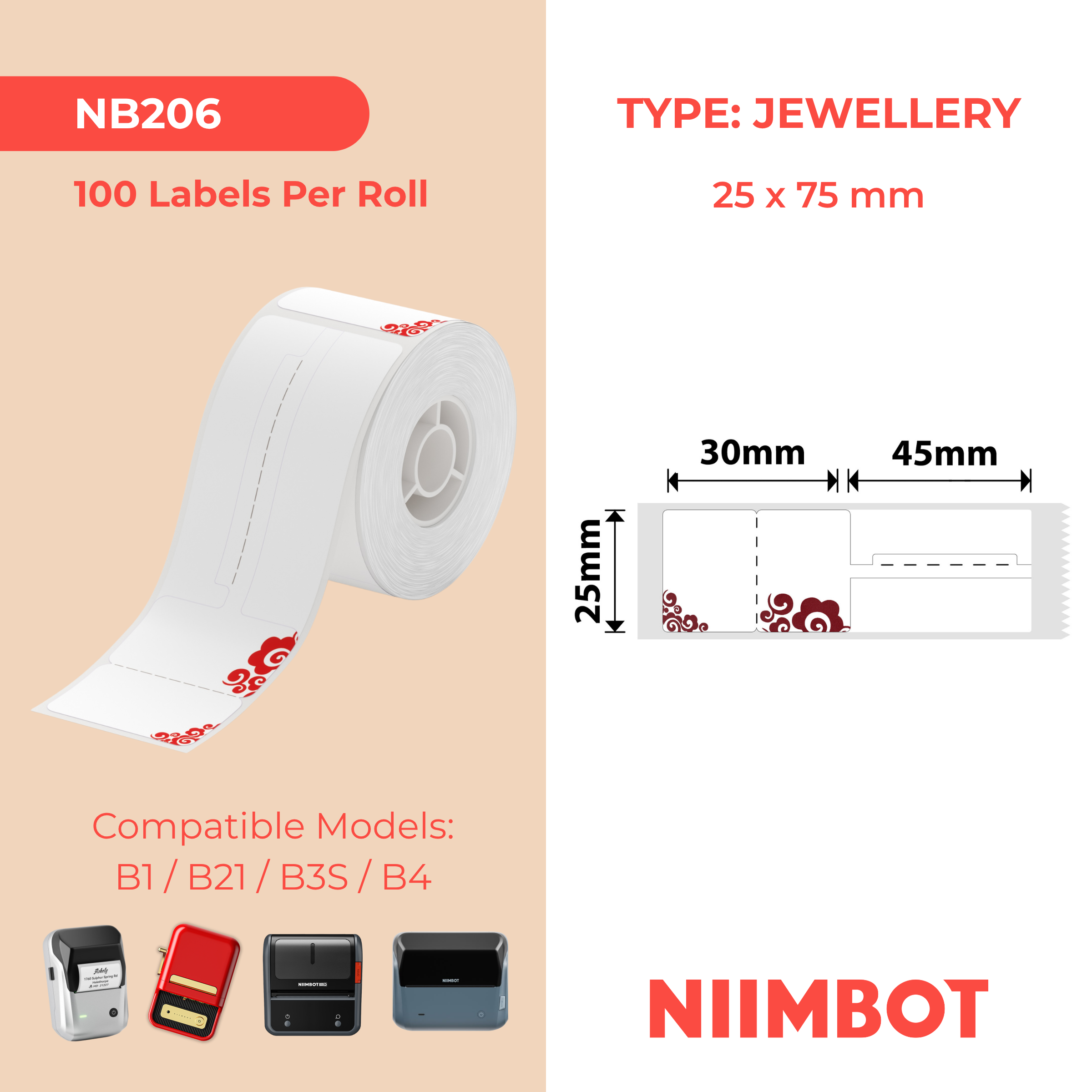 NB206 - NIIMBOT - B1 / B21 / B3S - R02T - 25*75MM (25*30+45) - 100 ETIKETTE PER ROL - DIEPROOID ONTWERP