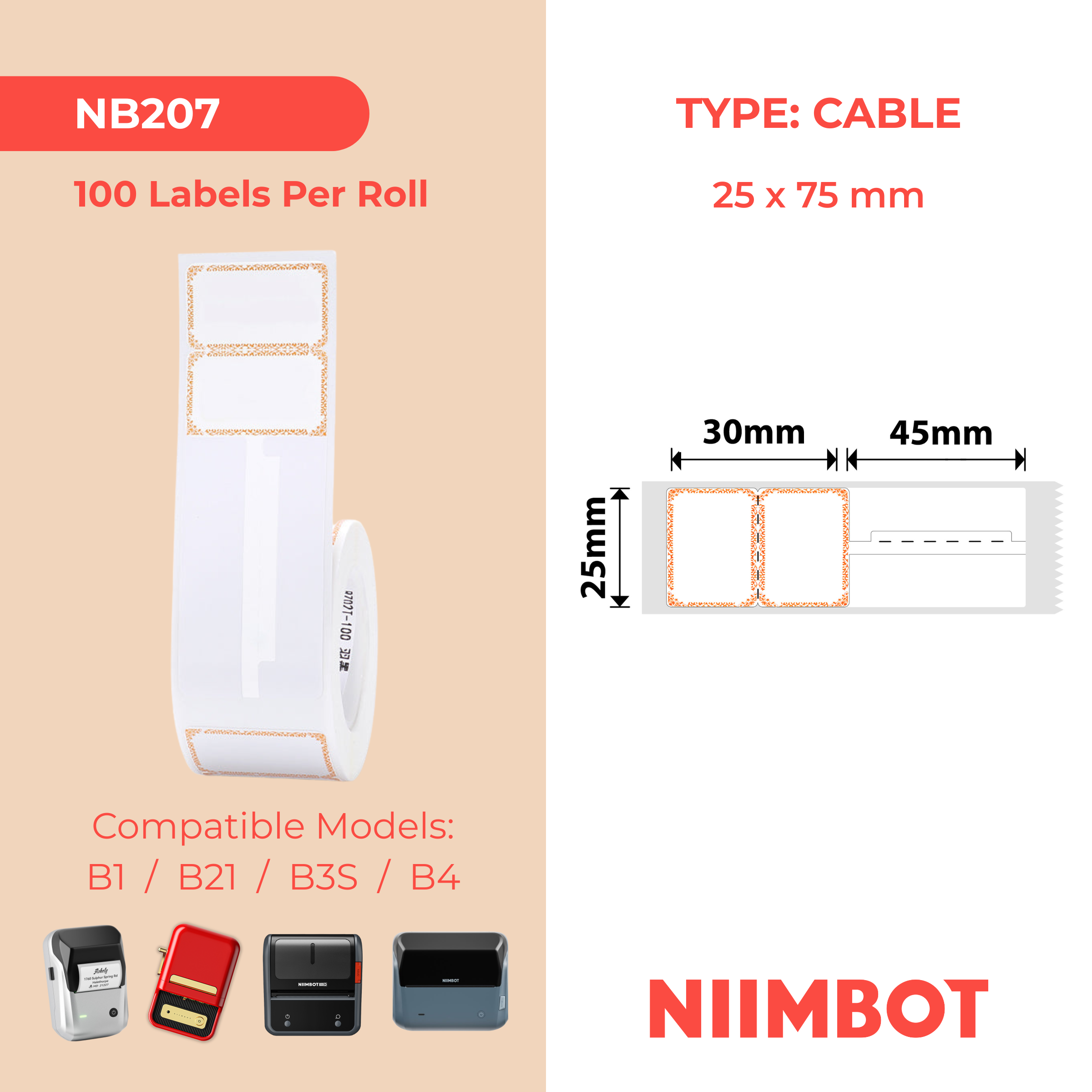 NB207 - NIIMBOT - B1 / B21 / B3S - R02T - 25*75MM (25*30+45) - 100 ETIKETTE PER ROL - ORANJE INK-ONTWERP