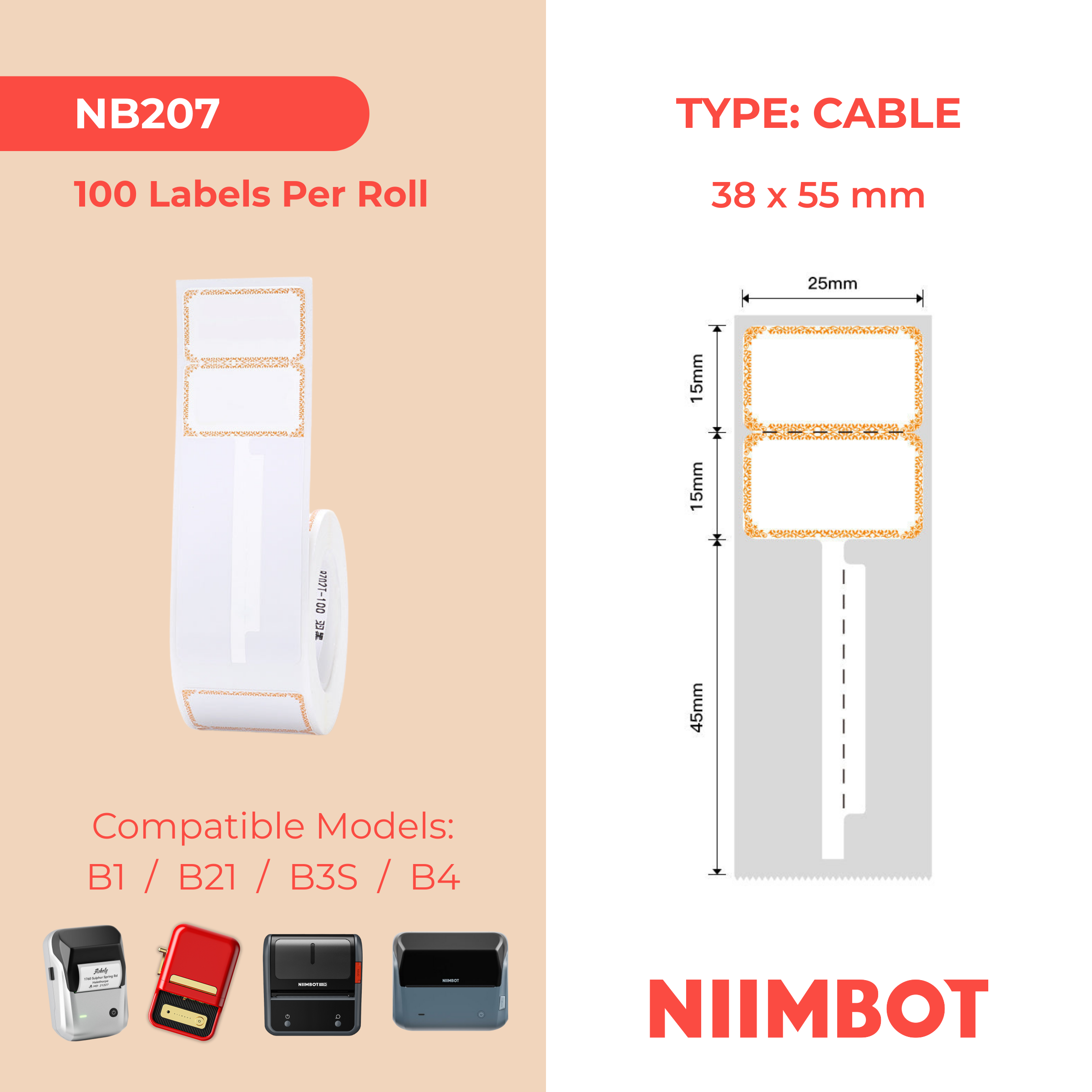 NB207 - NIIMBOT - B1 / B21 / B3S / B4 - R02T - 25X75MM (25X30+45) - 100 LABELS PER ROLL - ORANGE INK DESIGN