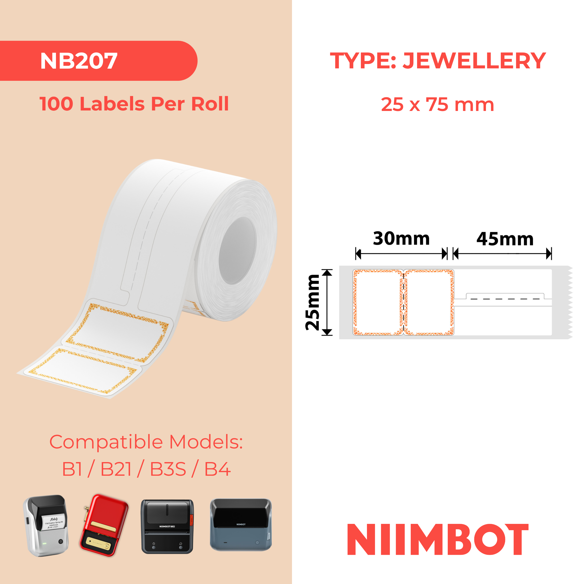 NB207 - NIIMBOT - B1 / B21 / B3S - R02T - 25*75MM (25*30+45) - 100 ETIKETTE PER ROL - ORANJE INK-ONTWERP
