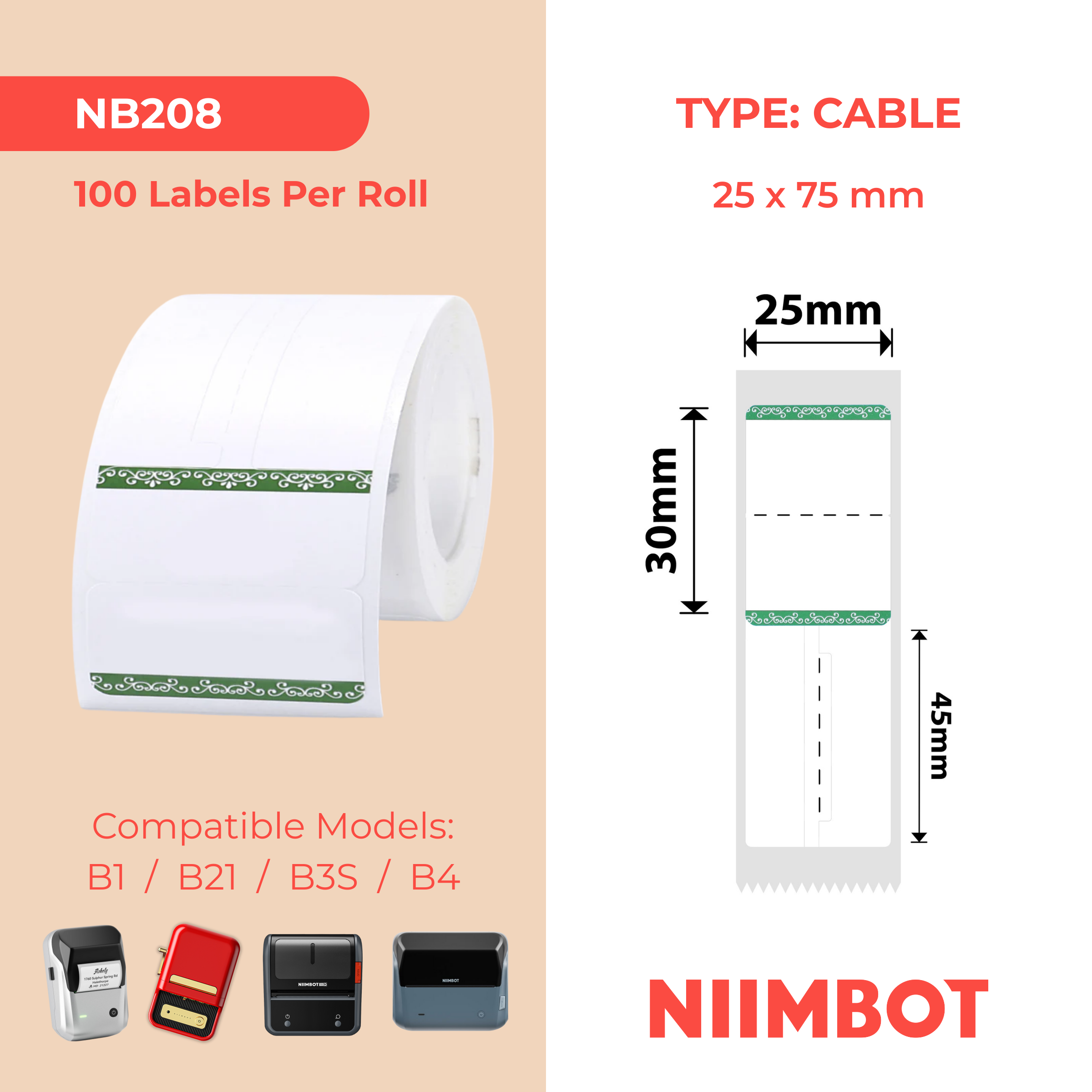 NB208 - NIIMBOT - B1 / B21 / B3S - 25*30+45MM - RING - 100 ETIKETTE PER ROL - GROEN RANDONTWERP