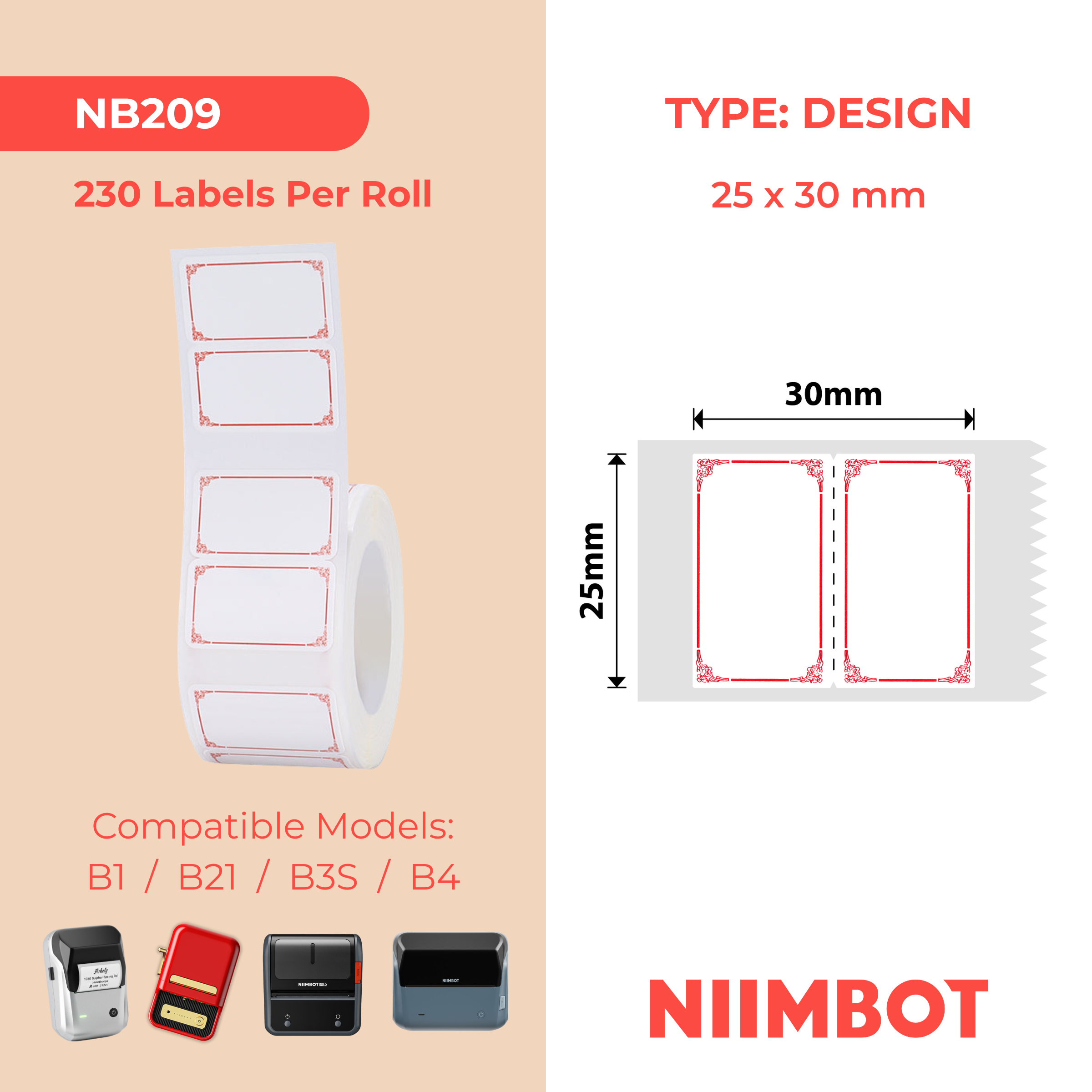 NB209 - NIIMBOT - B1 / B21 / B3S - 25*30MM - 230 ETIKETTE PER ROL - LIGROOI ONTWERP