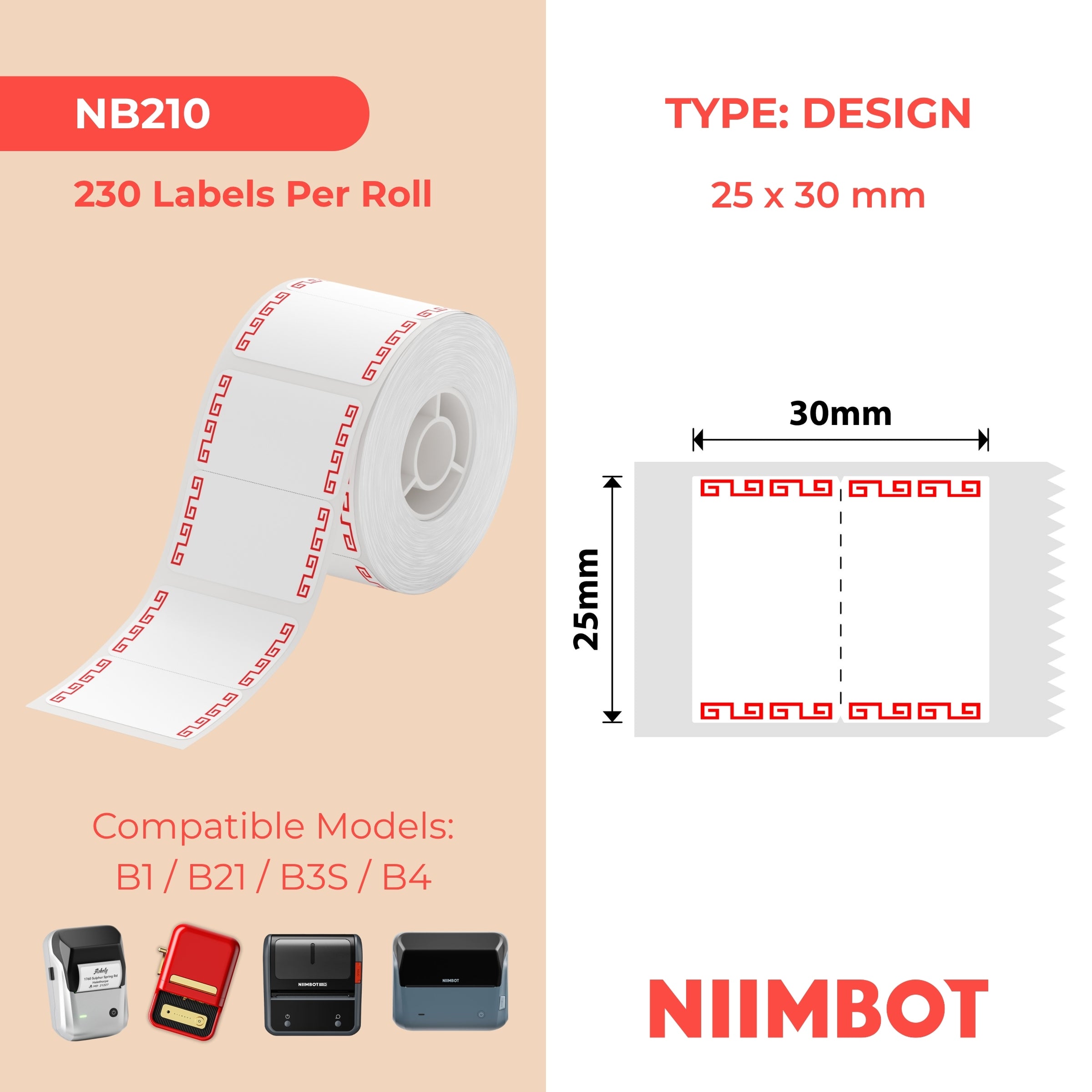NB210 - NIIMBOT - B1 / B21 / B3S - 25*30MM - 230 ETIKETTE PER ROL - DIEPROOID ONTWERP