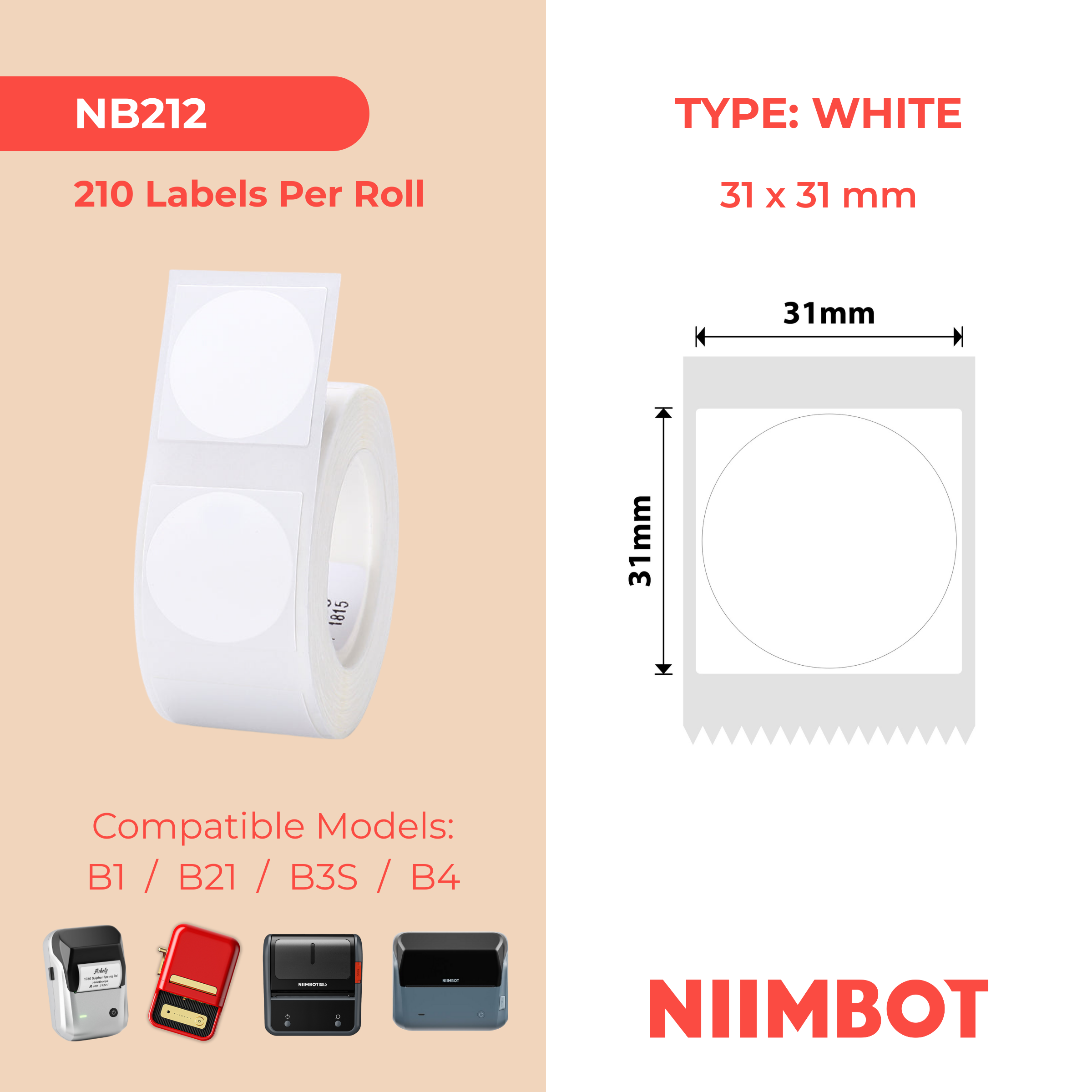 NB212 - Niimbot - B1 / B21 / B31 / B3S / B4 - 31x31mm - 210 White Round Labels