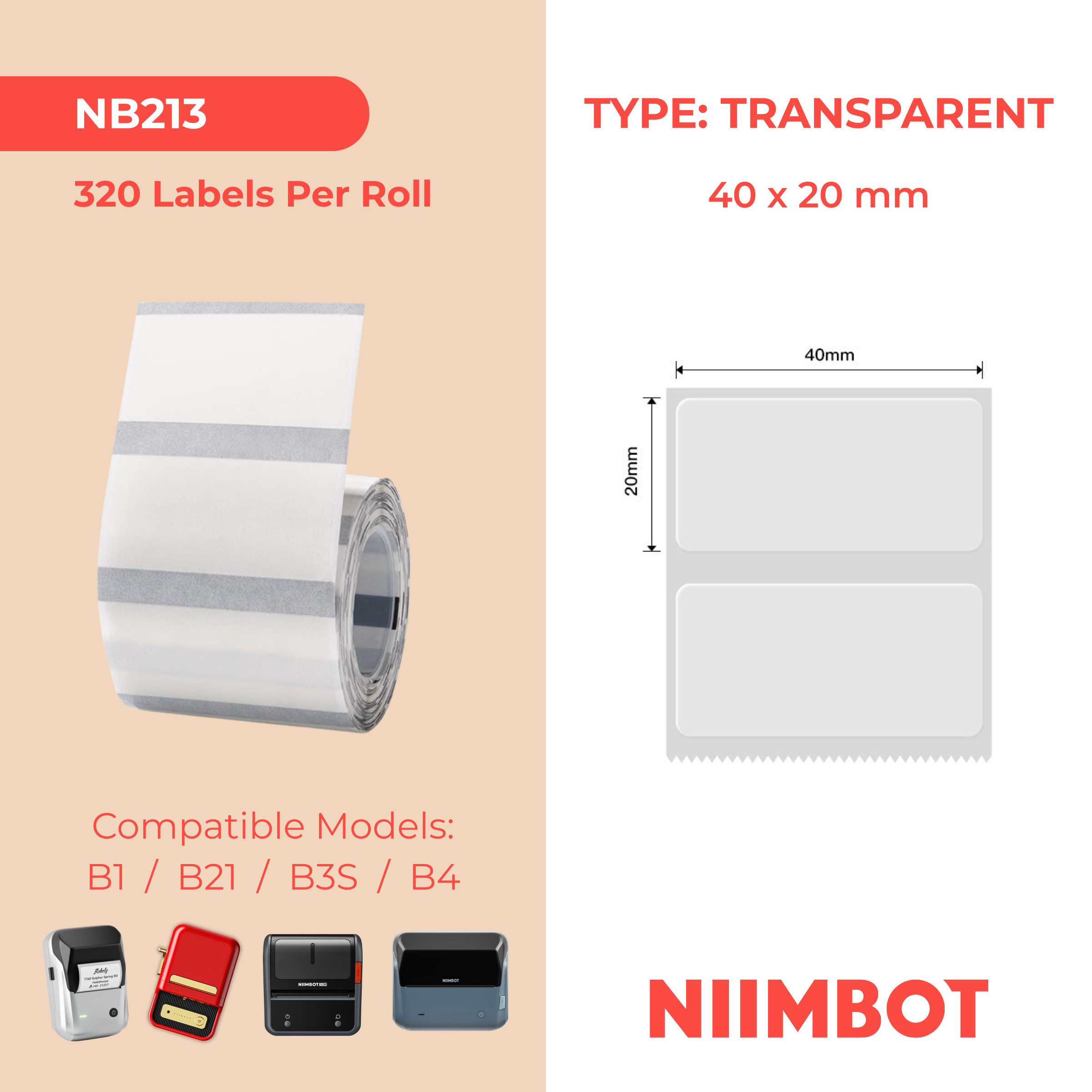 I-NB213 - NIIMBOT - B1 / B21 / B3S - T40*20MM - 320 AMALEBO NGOKUQONGQWA NGAKHONA - OKUBONAKALI