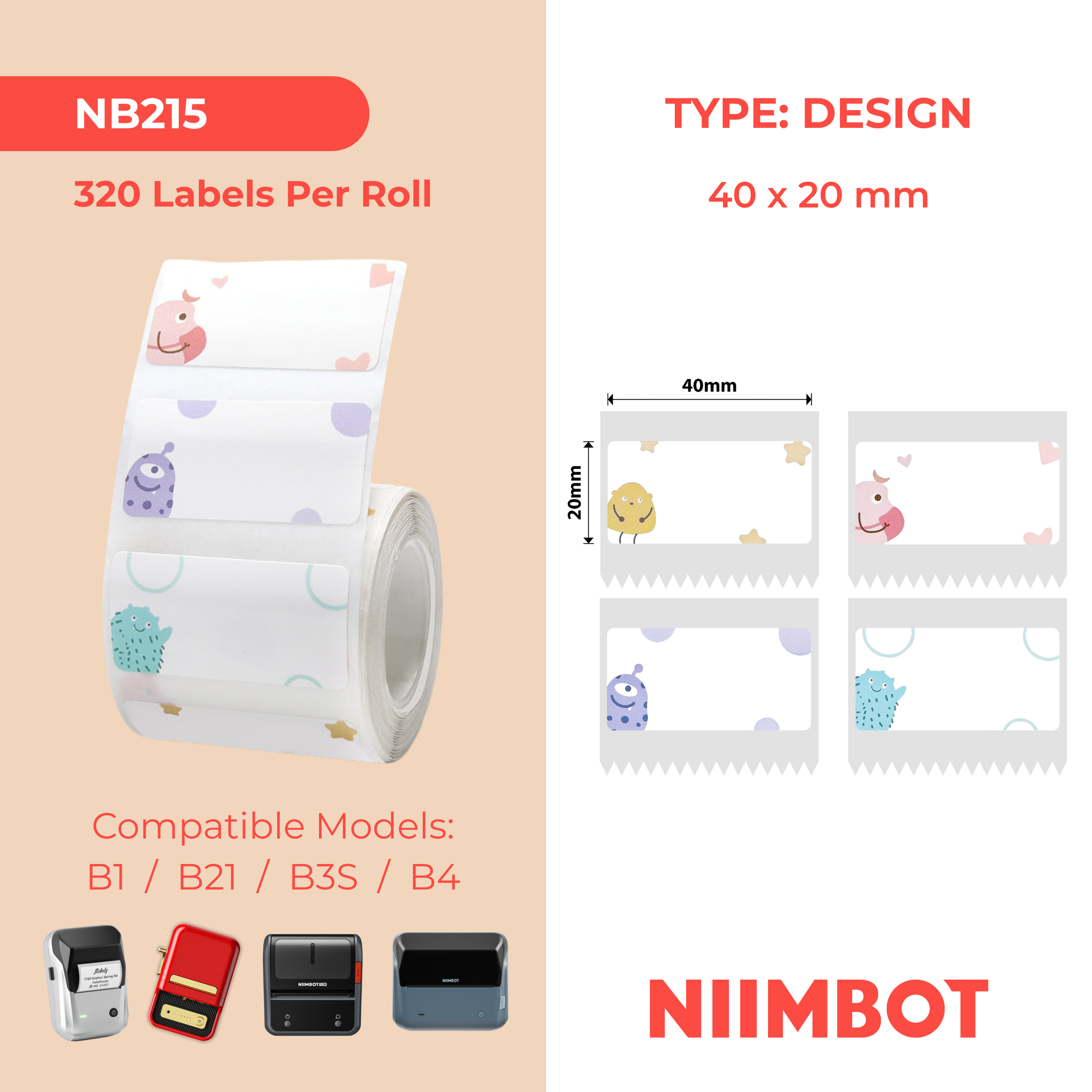 NB215 - NIIMBOT - B1 / B21 / B3S - T40*20MM - 320 ETIKETTE PER ROL - MONSTER DESIGN