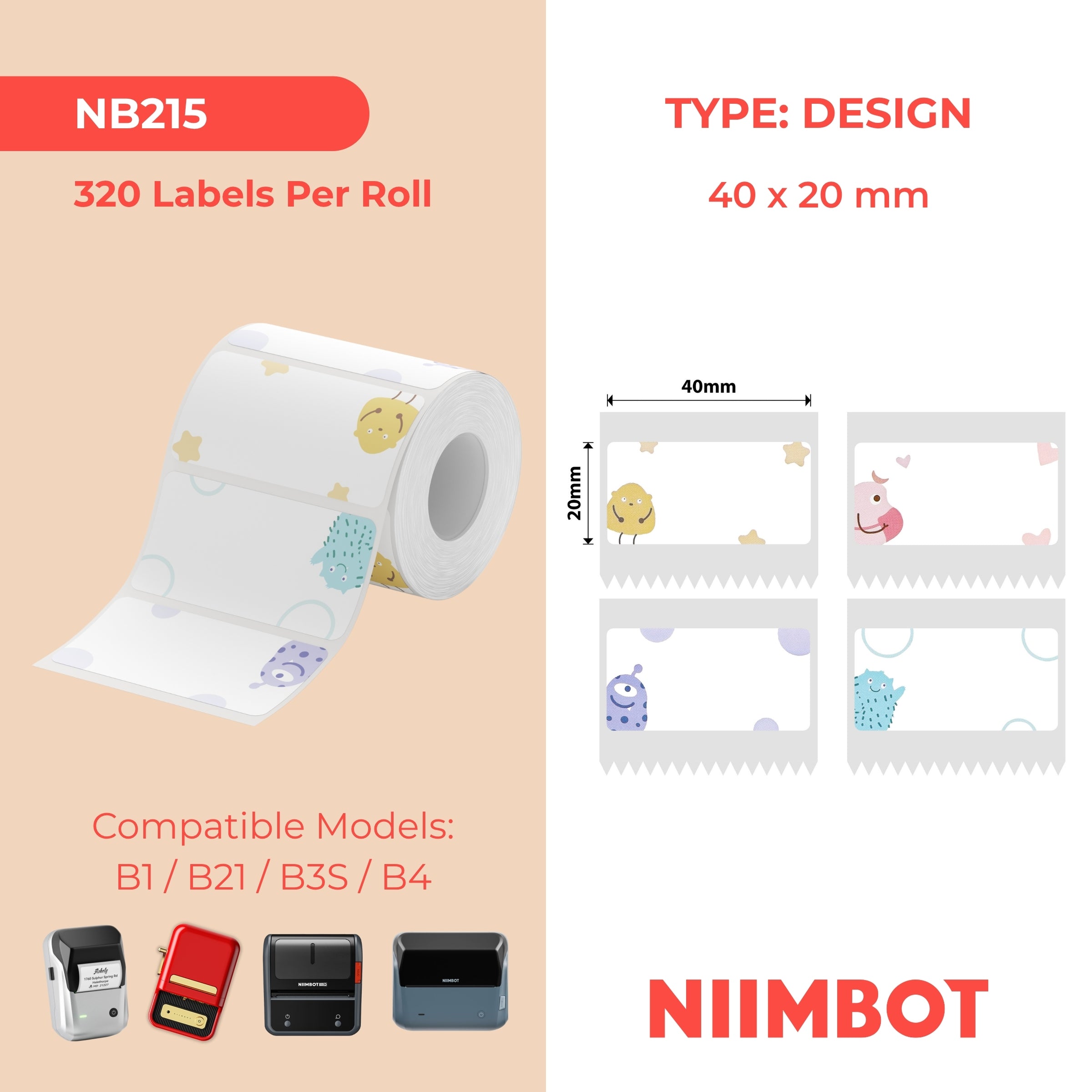 NB215 - NIIMBOT - B1 / B21 / B3S - T40*20MM - 320 ETIKETTE PER ROL - MONSTER DESIGN