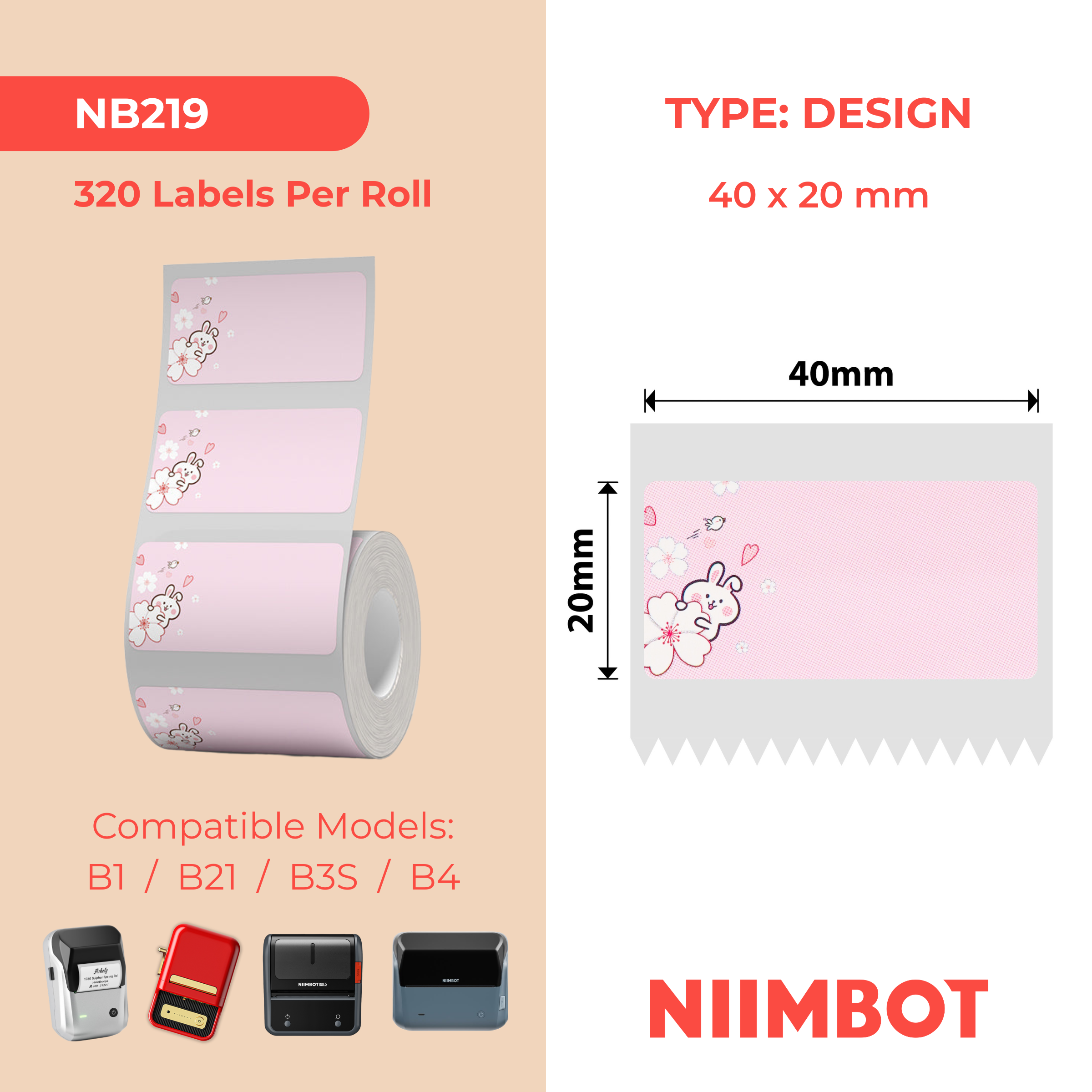 NB219 - NIIMBOT - B1 / B21 / B3S - 40*20MM - 320 TERMIESE ETIKETTE - PIENK KONYNONTWERP