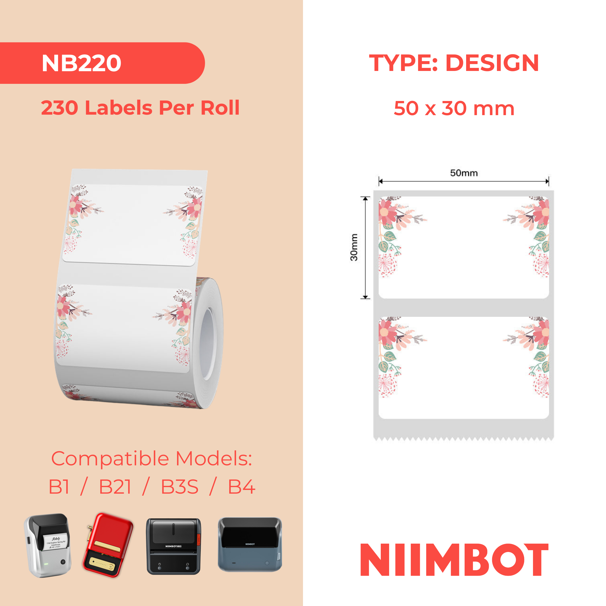 NB220 - NIIMBOT - B1 / B21 / B3S - 50*30MM - 230 ETIKETTE PER ROL - VEERONTWERP