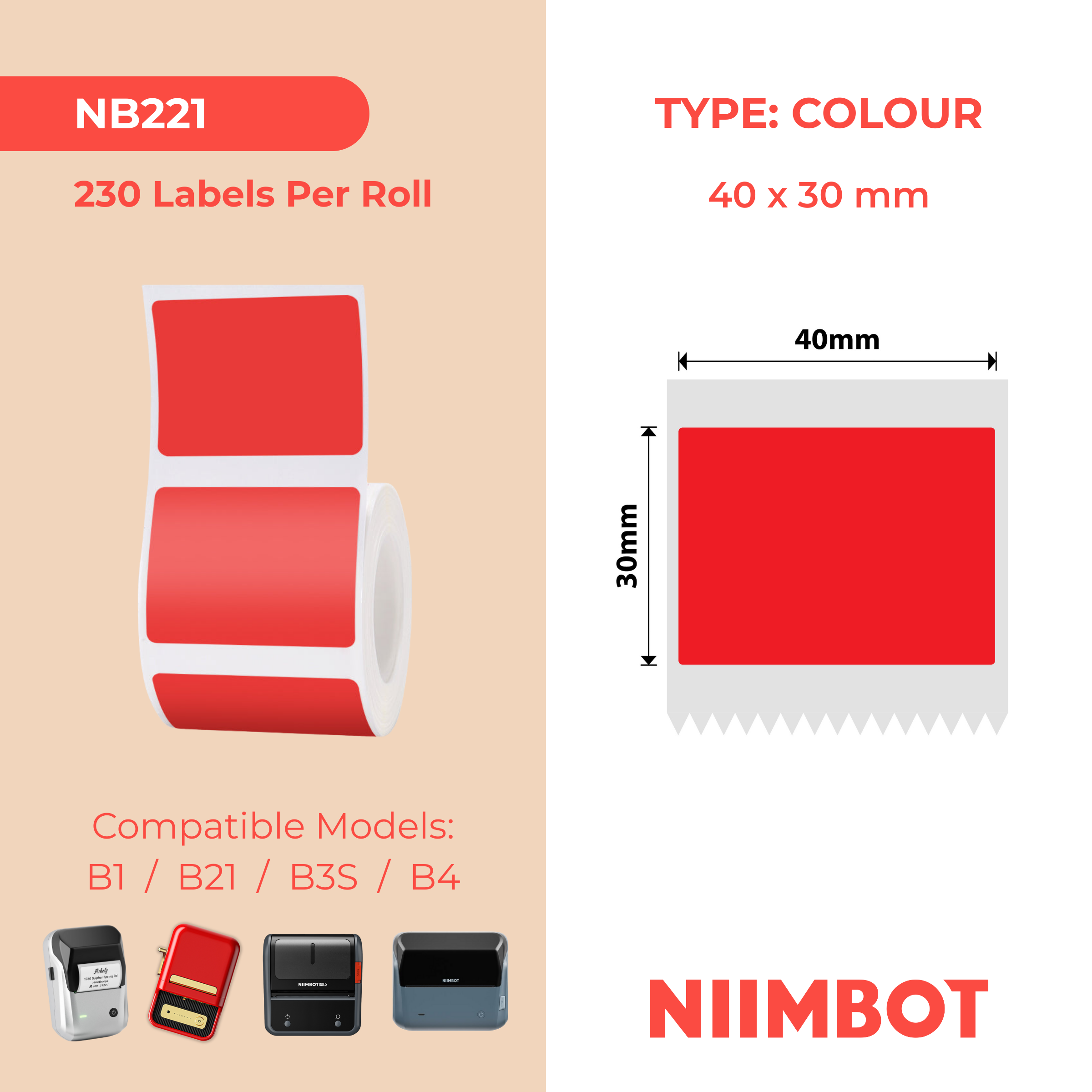 NIIMBOT - B Range - 40x30mm - Red - 230 Labels