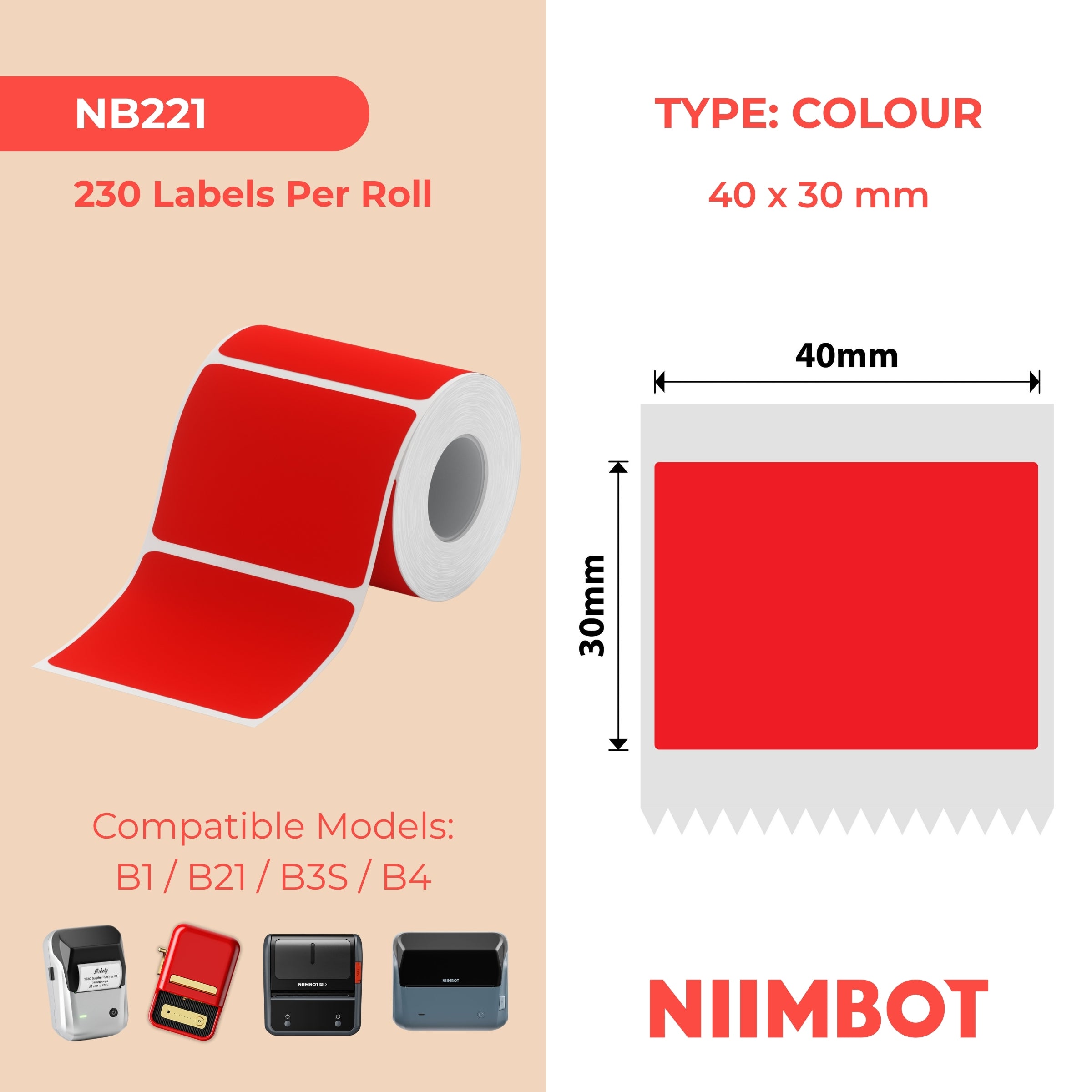 NB221 - NIIMBOT - B1 / B21 / B3S - T40*30MM - 230 ETIKETTE PER ROL - SOLDIE - ROOI