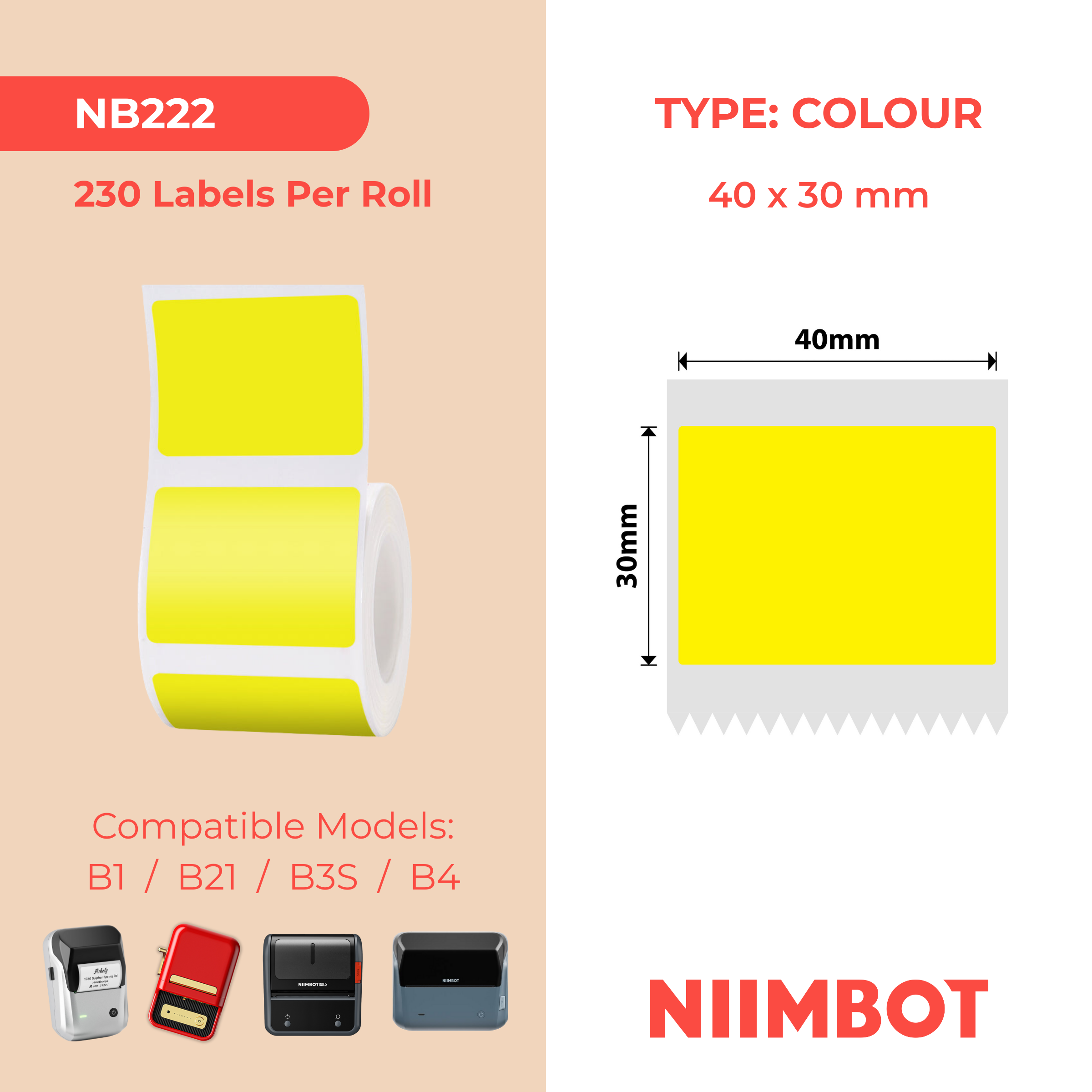NIIMBOT - B Range - 30x40mm - Yellow - 230 Labels