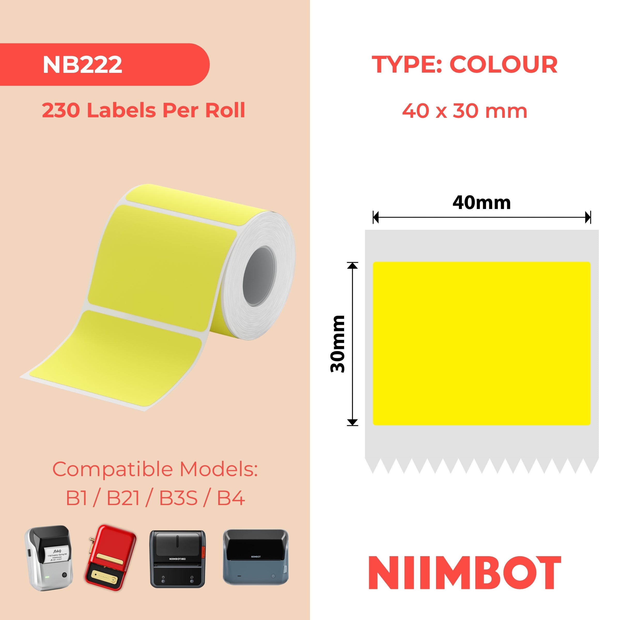 NB222 - NIIMBOT - B1 / B21 / B3S - 30*40MM - 230 ETIKETTE PER ROL - SOLIED - GEEL