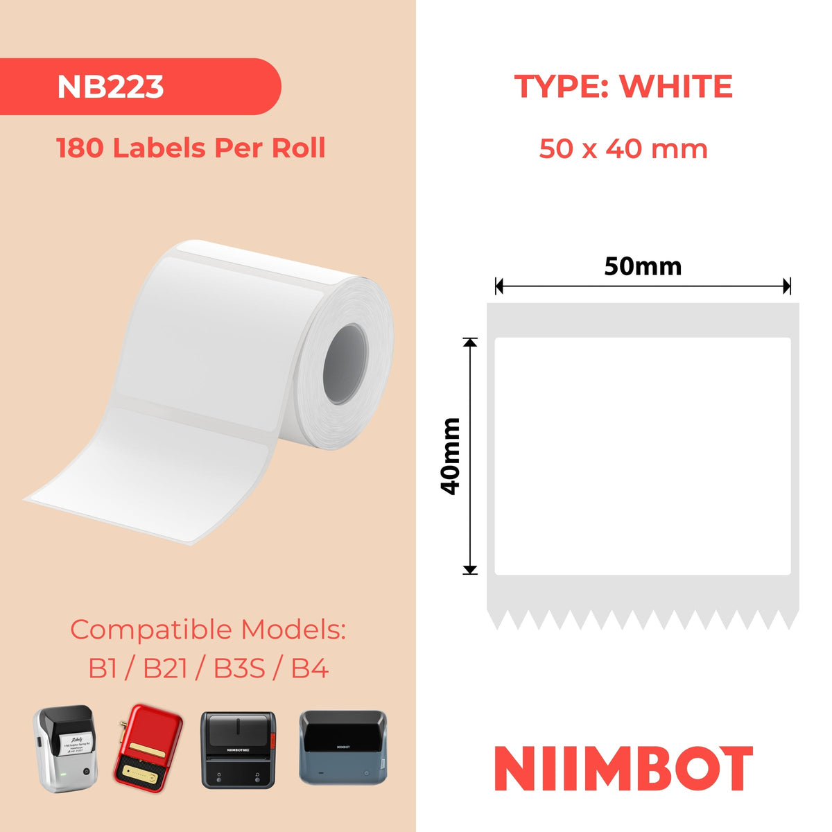 NB223 - NIIMBOT - B1 / B21 / B3S - 50*40MM - 180 ETIKETTE PER ROL - WIT