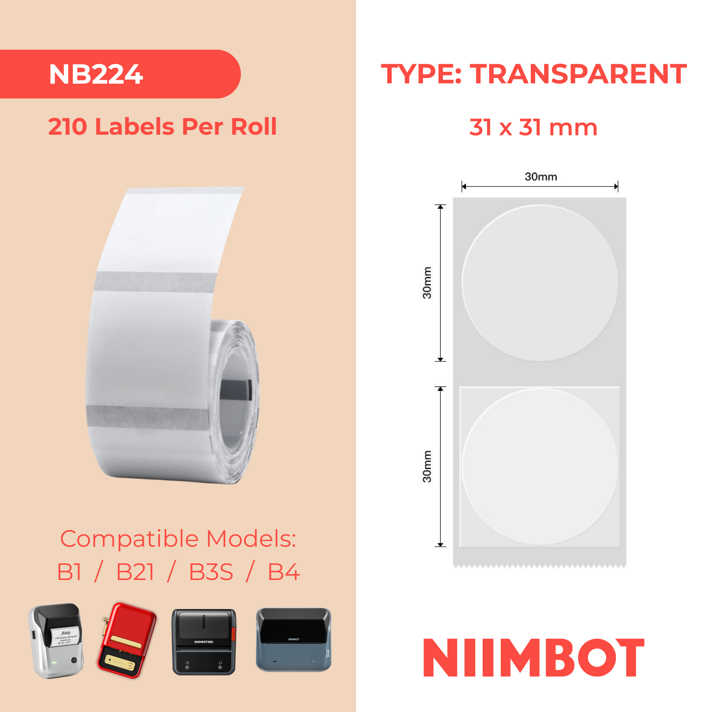 NB224 - NIIMBOT - B1 / B21 / B3S / B4 - TT31X31MM - 210 LABELS PER ROLL - ROUND - TRANSPARENT