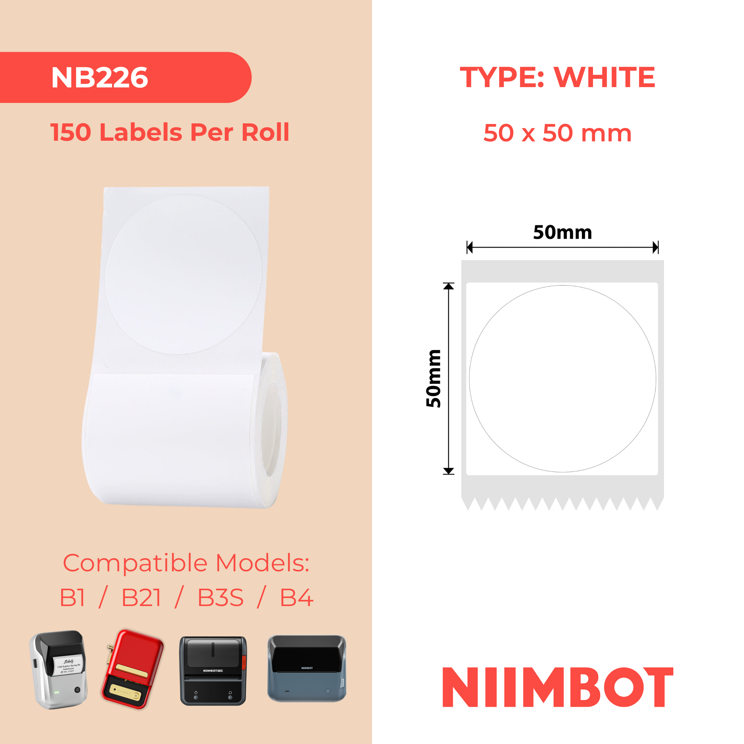 NB226 - NIIMBOT - B1 / B21 / B3S / B4 - T50X50MM - ROUND - 150 LABELS PER ROLL - WHITE