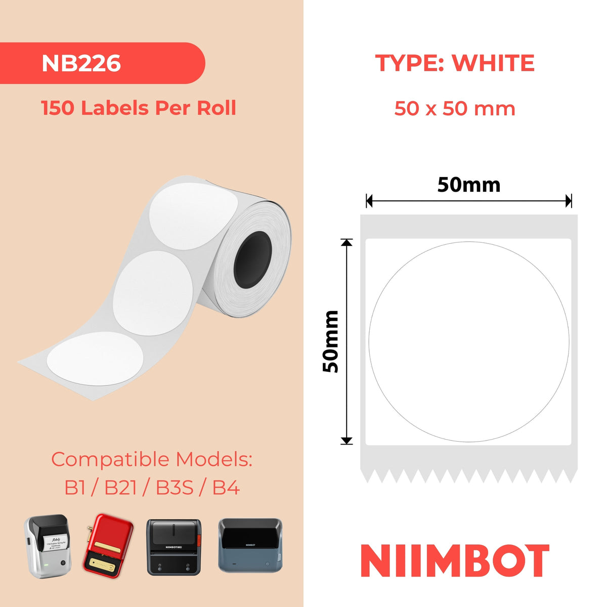 NB226 - NIIMBOT - B1 / B21 / B3S - T50*50MM - ROUND - 150 AMALEBO NGOKUQONGA NGAWO - EMHLOPHE