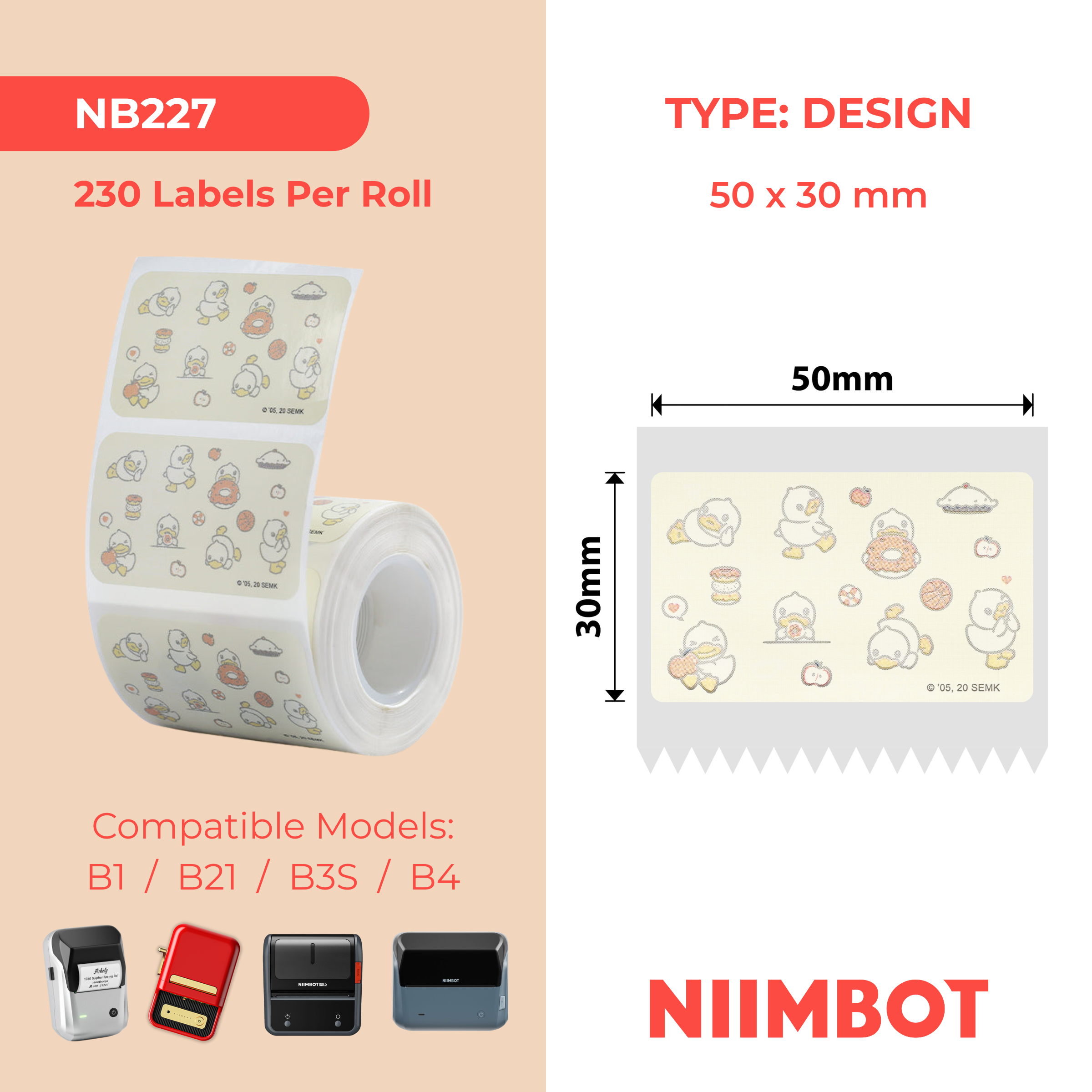 NB227 - Niimbot - B1 / B21 / B31 / B3S / B4 - 50x30mm - 230 Light Yellow Duck Labels