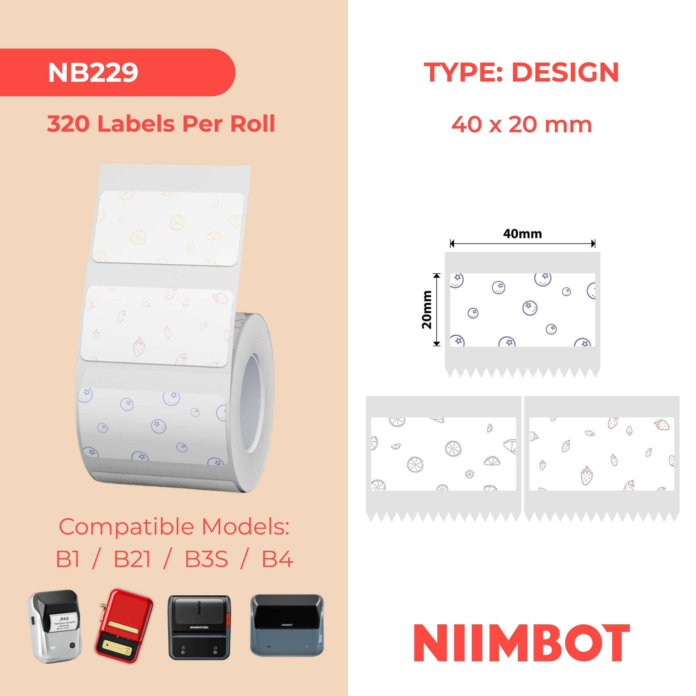 NB229 - NIIMBOT - B1 / B21 / B3S - T40*20MM - 320 ETIKETTE PER ROL - VRUGTE-SKADU-ONTWERP