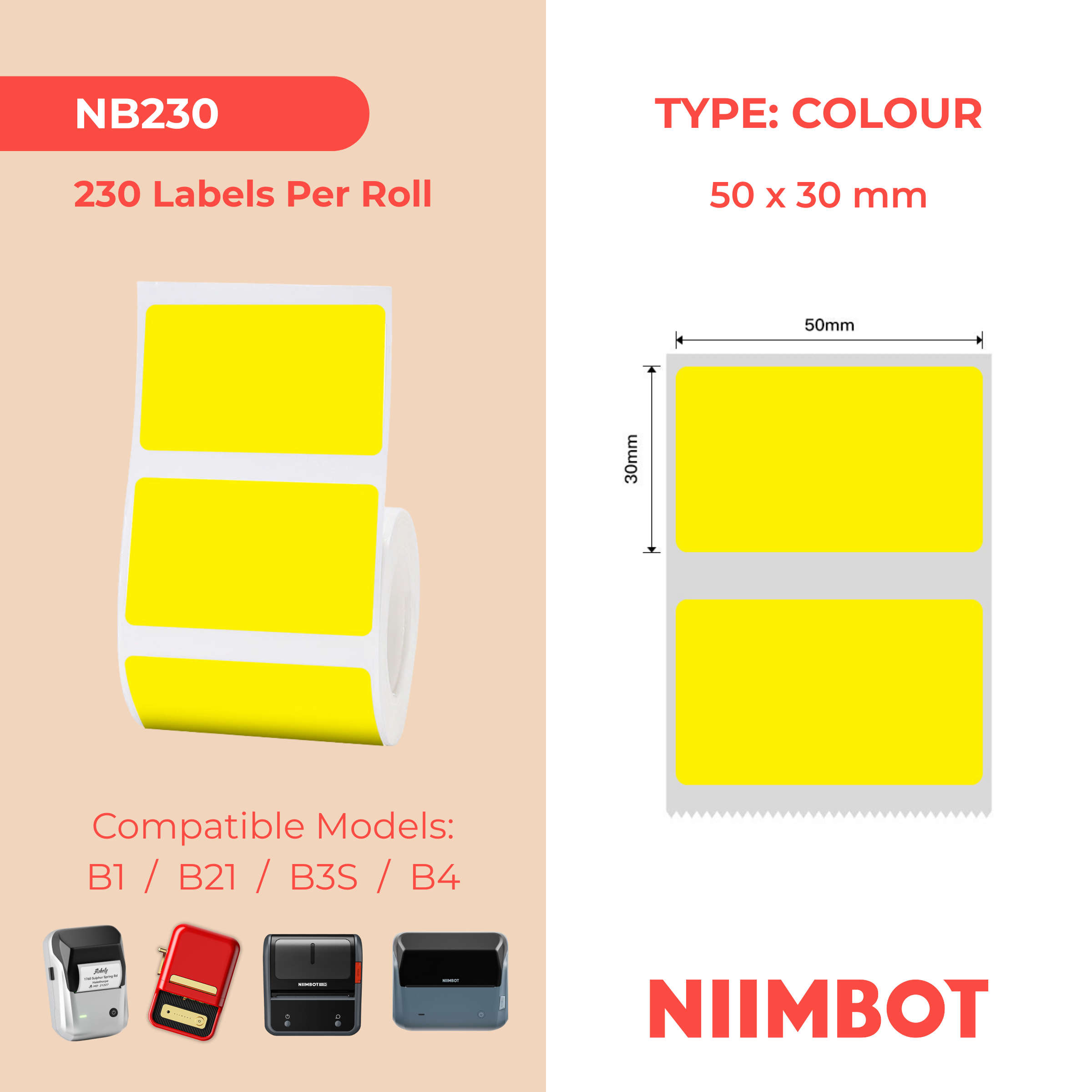 NB230 - Niimbot - B1 / B21 / B31 / B3S / B4 - 50x30mm - 230 Yellow Thermal Labels