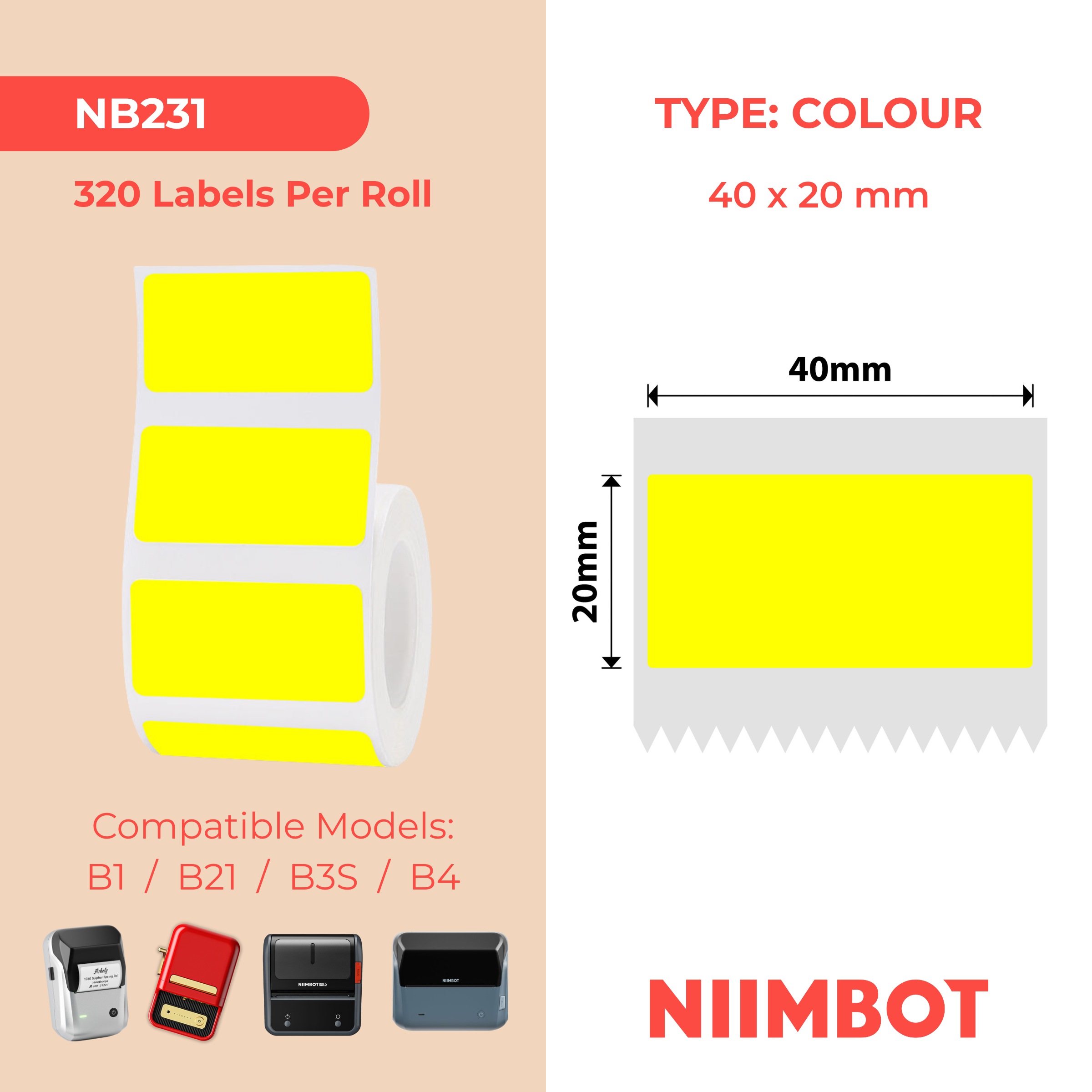 NIIMBOT - B Range - 40x20mm - Yellow - 320 Labels