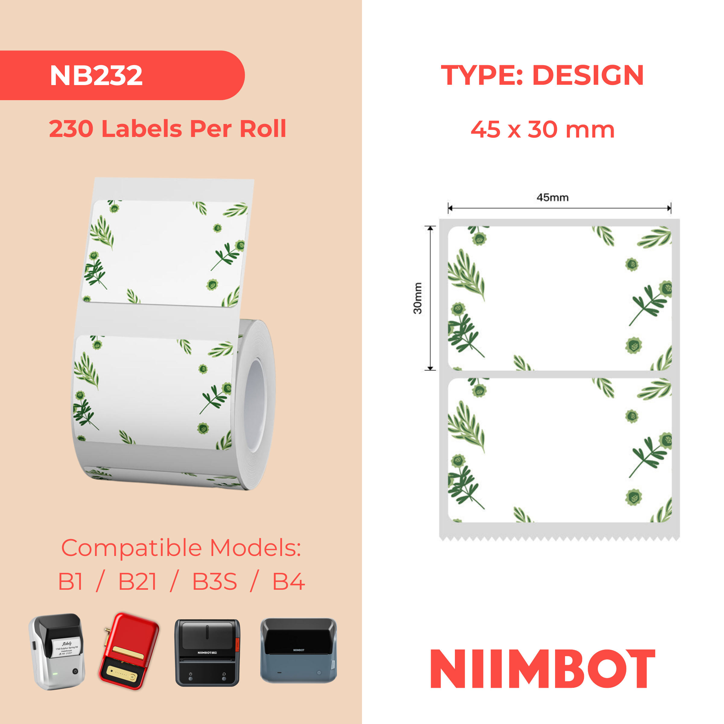 NB232 - NIIMBOT - B1 / B21 / B3S - 45*30MM - 230 ETIKETTE PER ROL - PLANTONTWERP