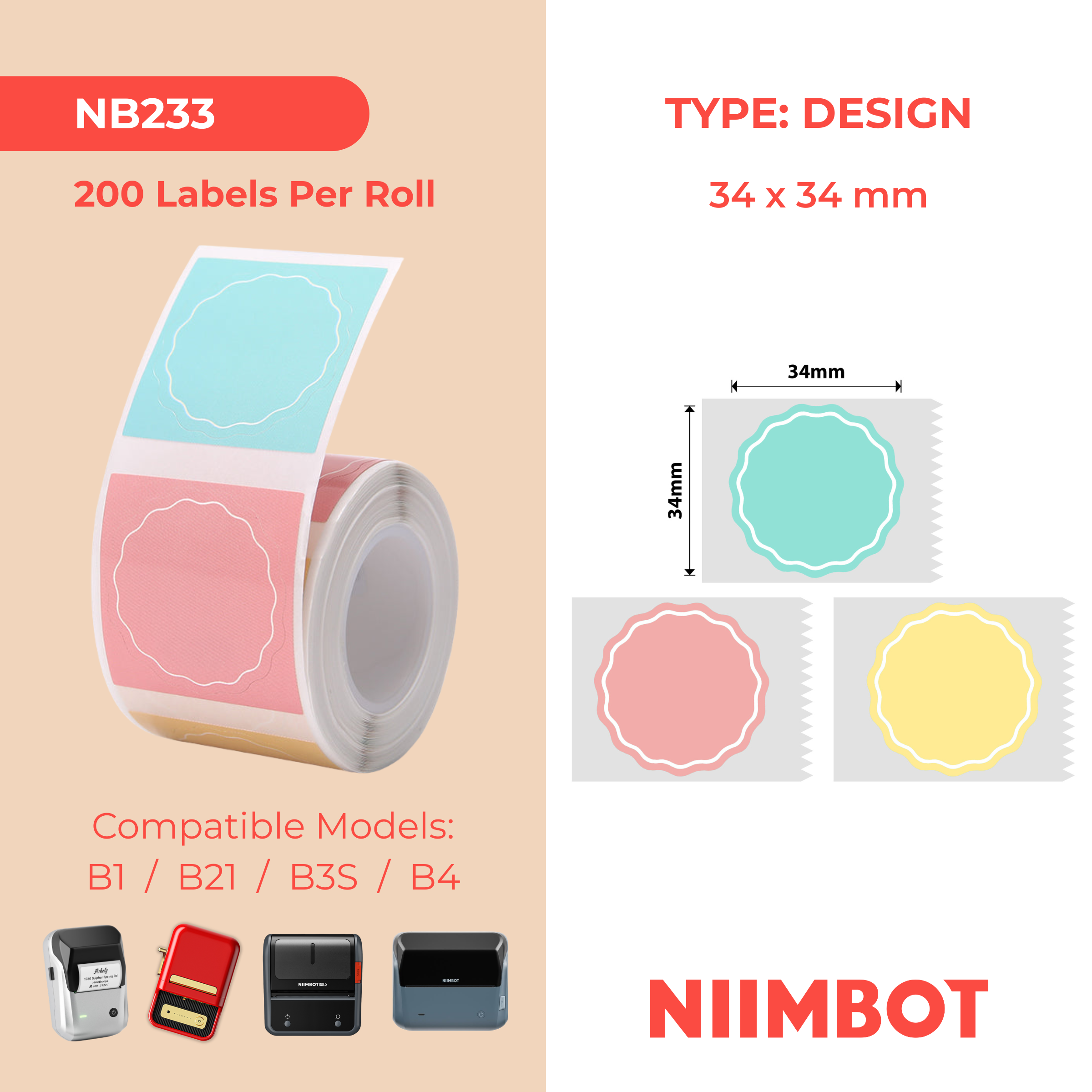 NB233 - NIIMBOT - B1 / B21 / B3S - T34*34MM - 200 WAVY ROUND THERMAL LABELS - EPHINIK, OKUTHULU KANYE KANYE OKULUHLAZA