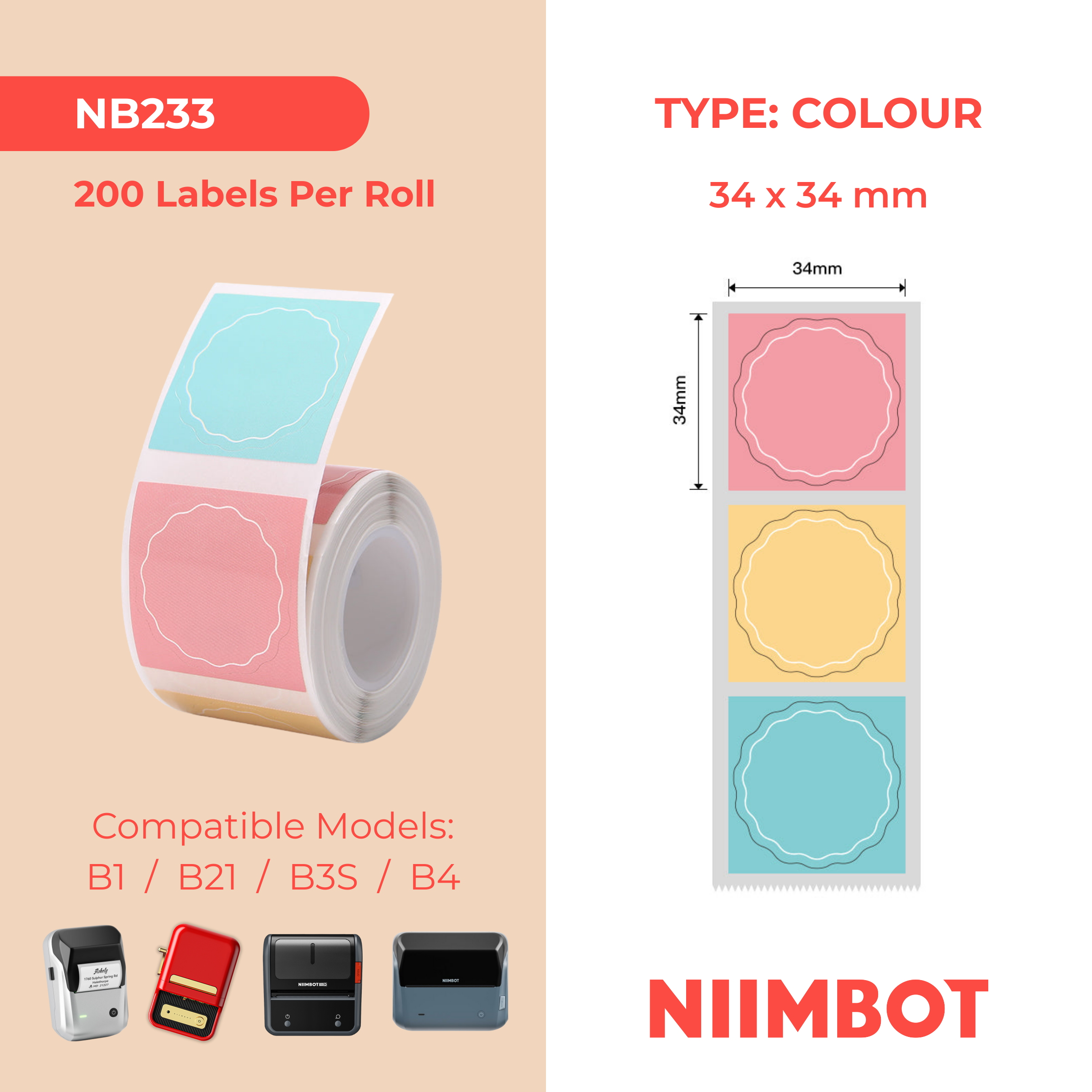 NB233 - NIIMBOT - B1 / B21 / B3S / B4 - T34X34MM - 200 WAVY ROUND THERMAL LABELS - PINK, YELLOW AND BLUE