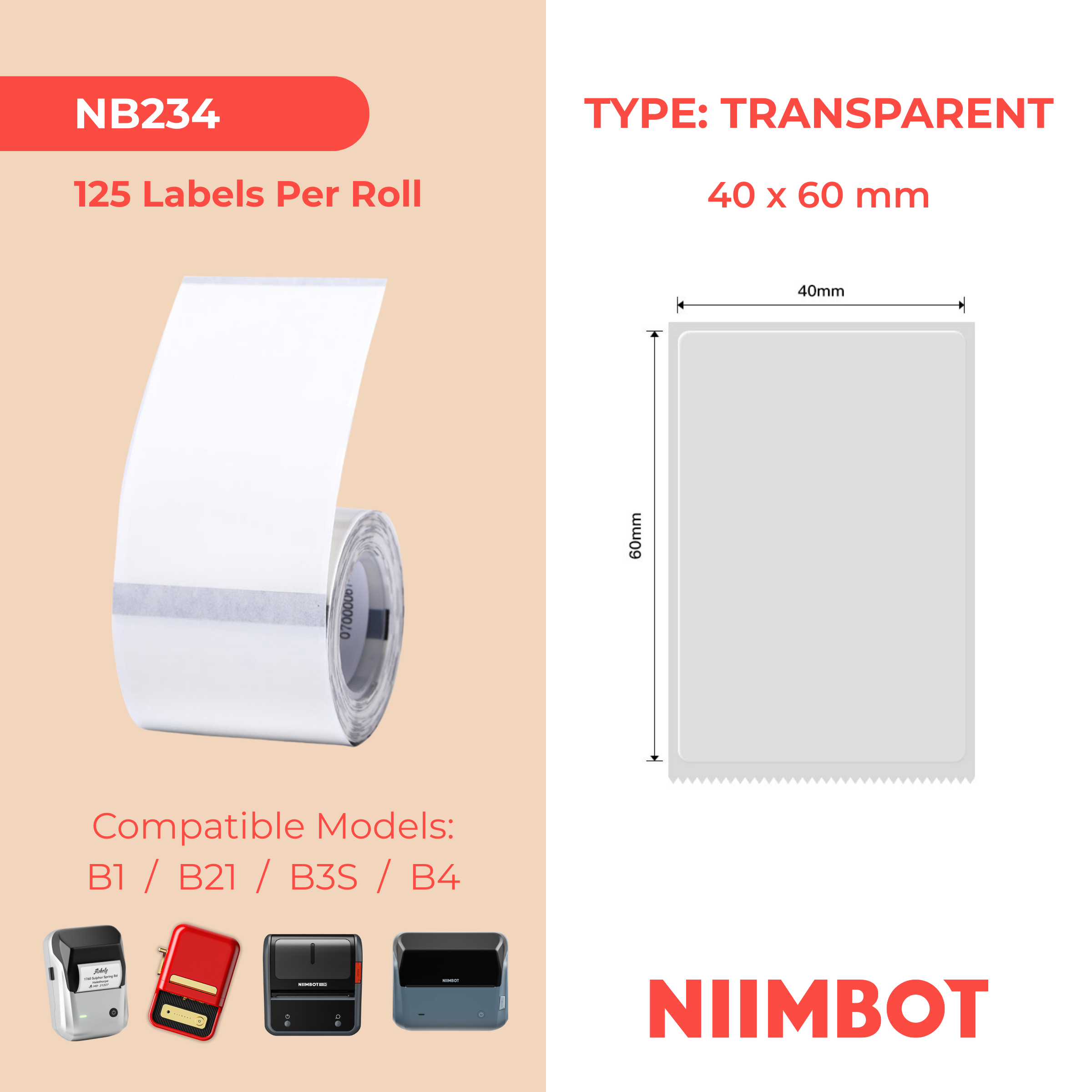NB234 - NIIMBOT - B1 / B21 / B3S / B4 - TT40X60MM - 125 LABELS PER ROLL - TRANSPARENT