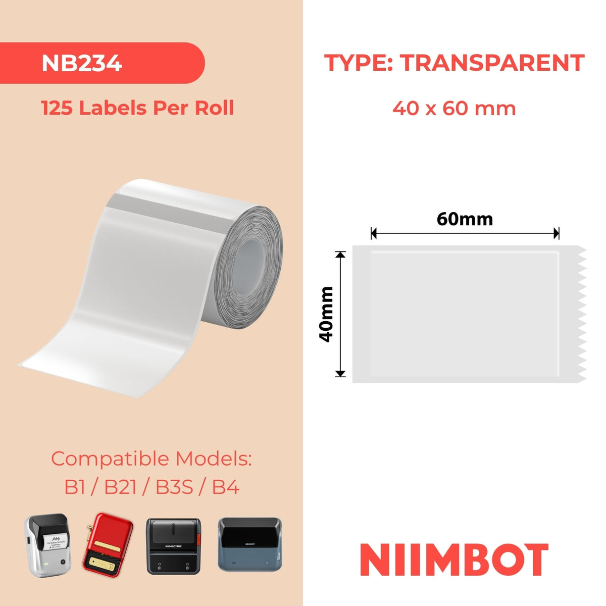 NIIMBOT - B Range - 40x60mm - Transparent - 125 Labels