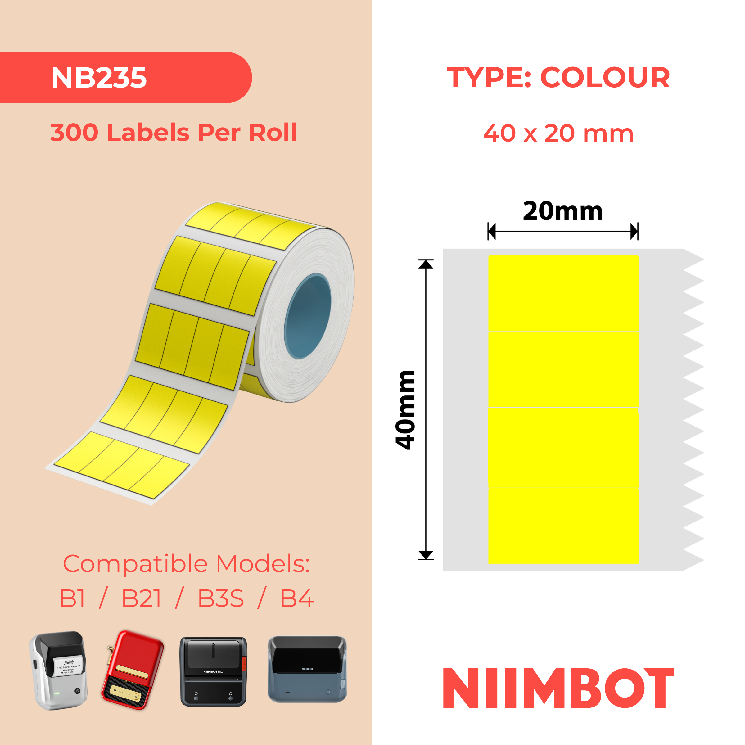 NB235 - NIIMBOT - B1 / B21 / B3S - 40*20MM - (10X20X4)- 300 TERMIESE ETIKETTE - GEEL