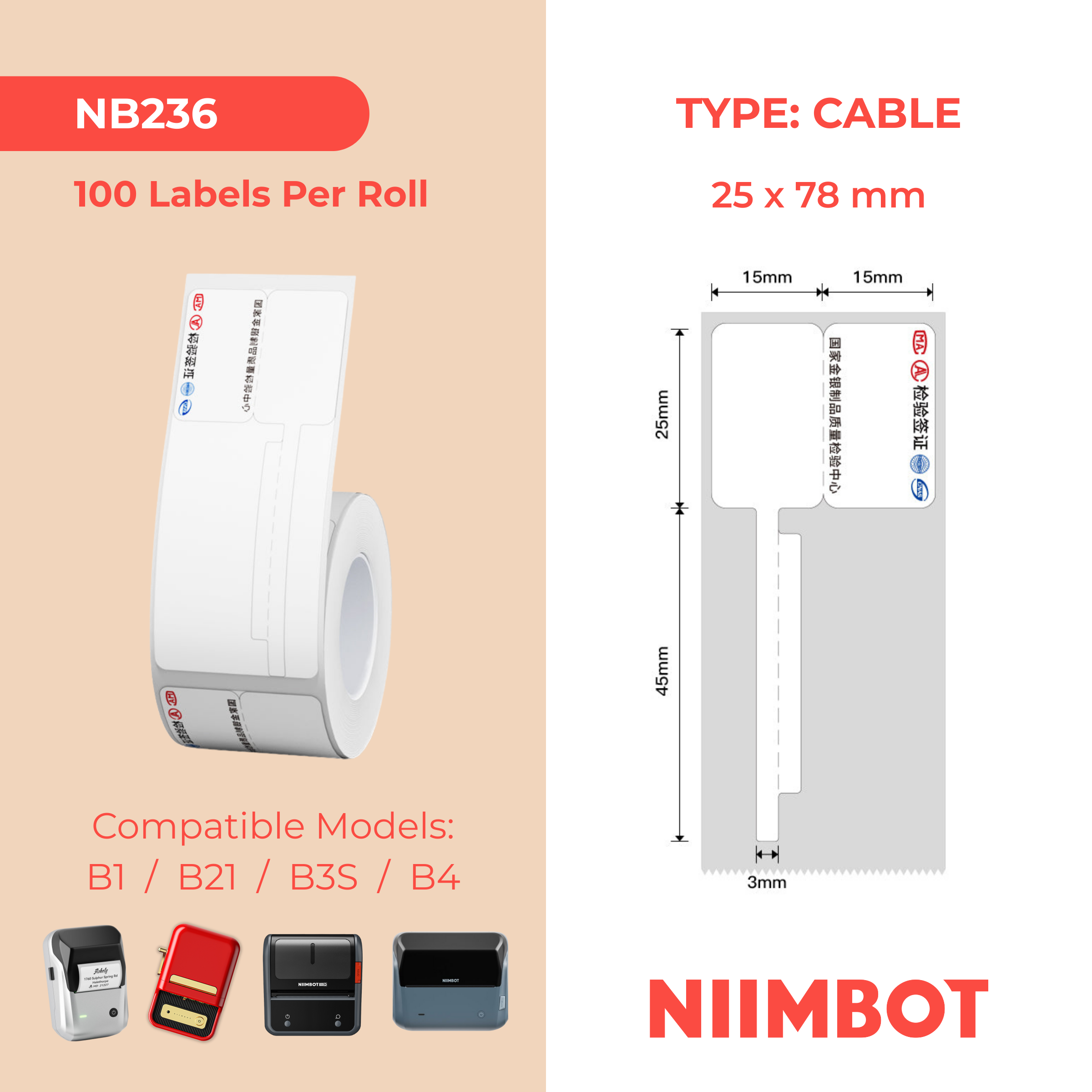 NB236 - NIIMBOT - B1 / B21 / B3S / B4 - R02F - 30X70MM (30X25+40X3) - 100 THERMAL LABELS - CHINESE CABLE DESIGN