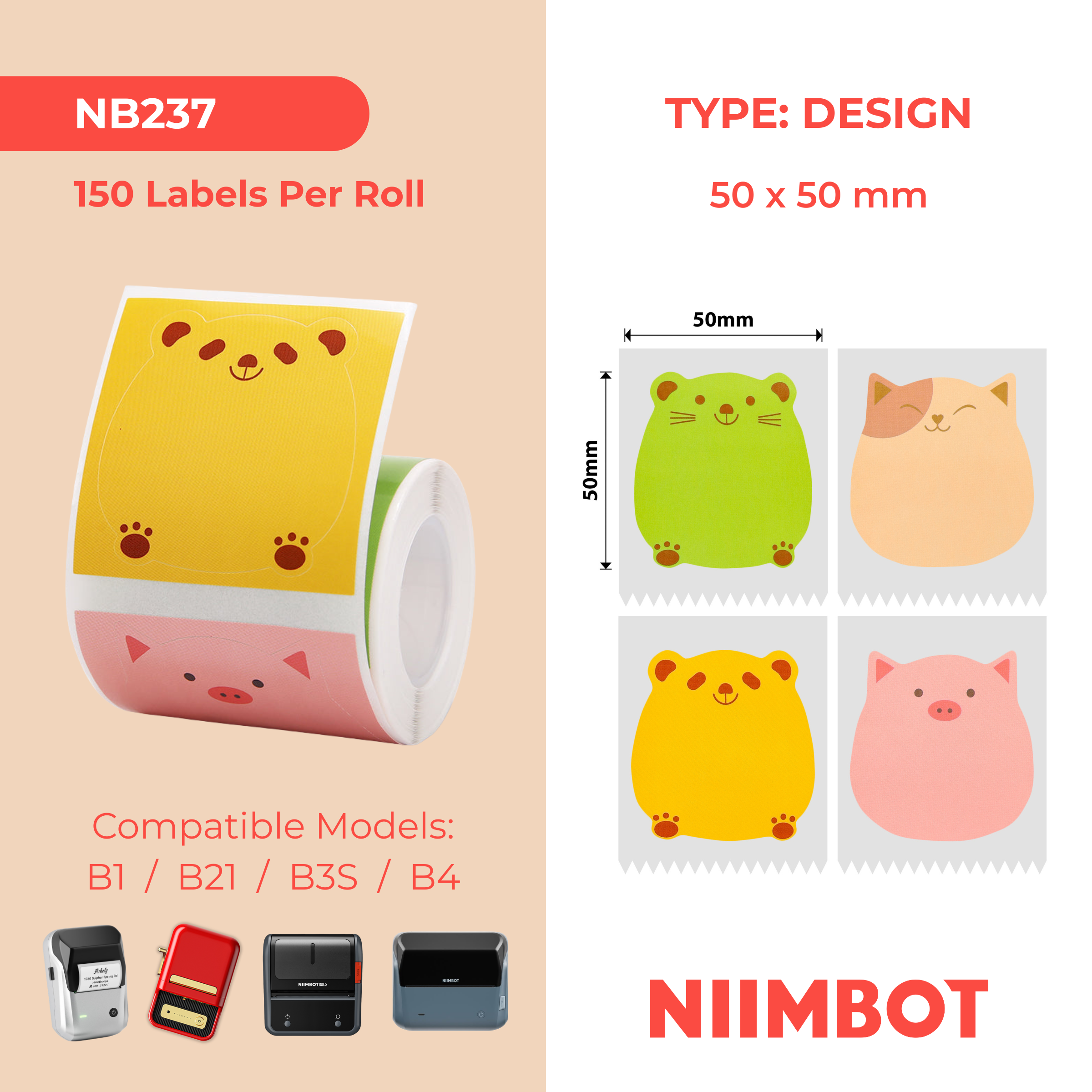 NB237 - NIIMBOT - B1 / B21 / B3S - 50*50MM - 150 AMALEBELE EZITHILE - UKWENZIWA KWEZILWANE