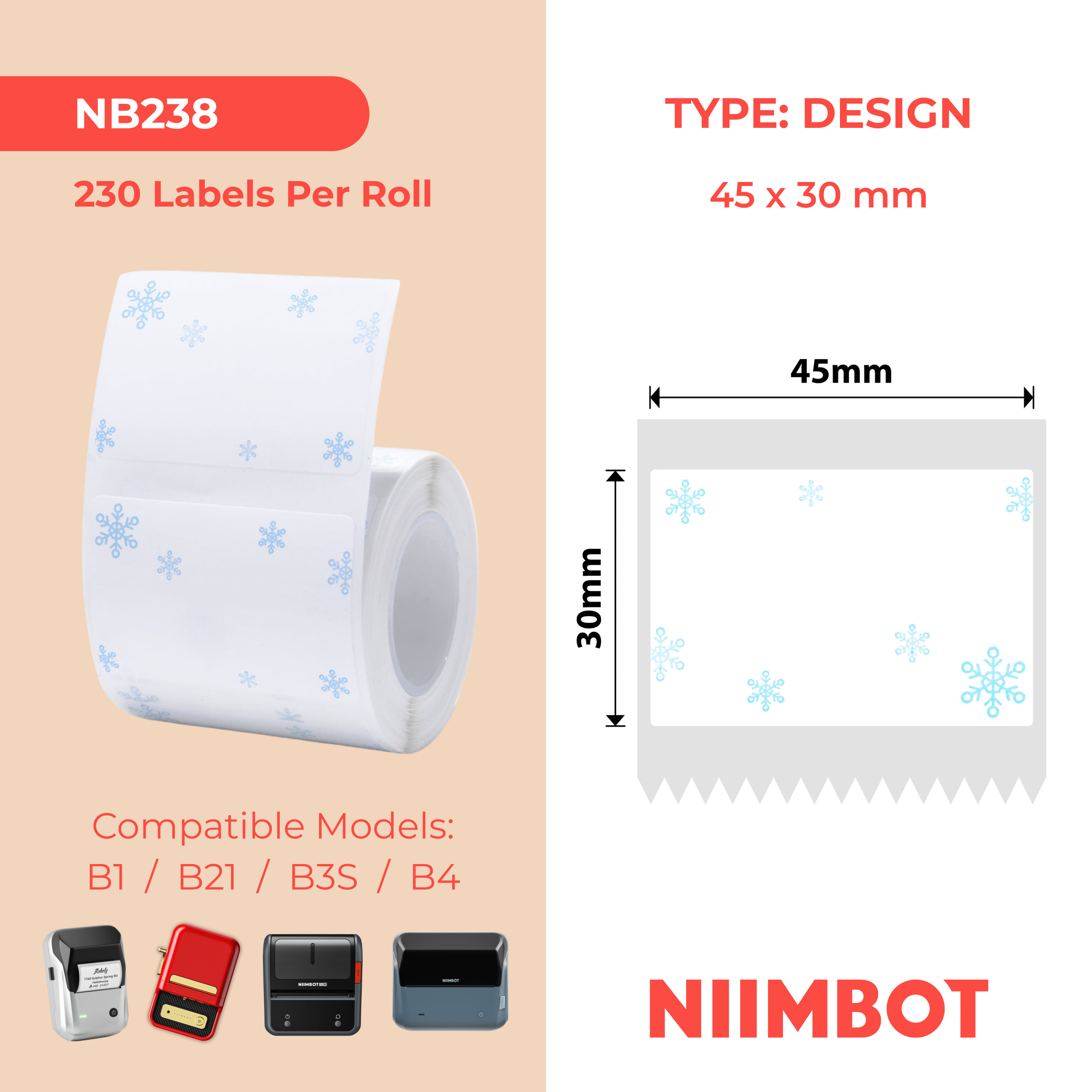 NB238 - NIIMBOT - B1 / B21 / B3S - 45*30MM - 230 ETIKETTE PER ROL - SNEEUBLOU ONTWERP