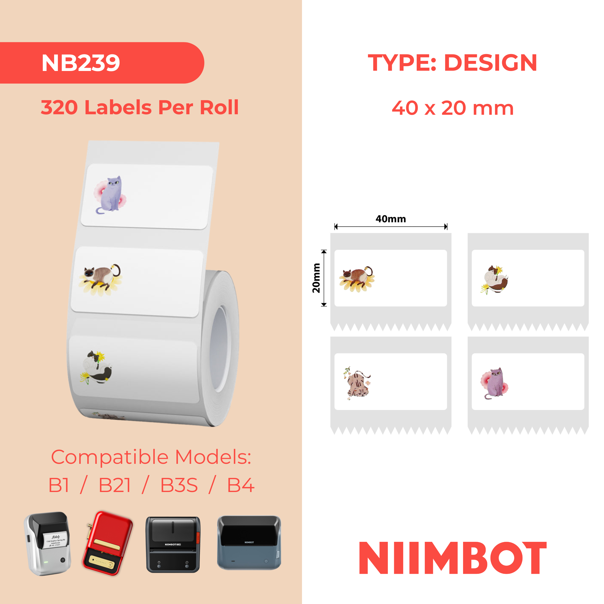 NB239 - NIIMBOT - B1 / B21 / B3S - 40*20MM - 320 ETIKETTE PER ROL - KATONTWERP