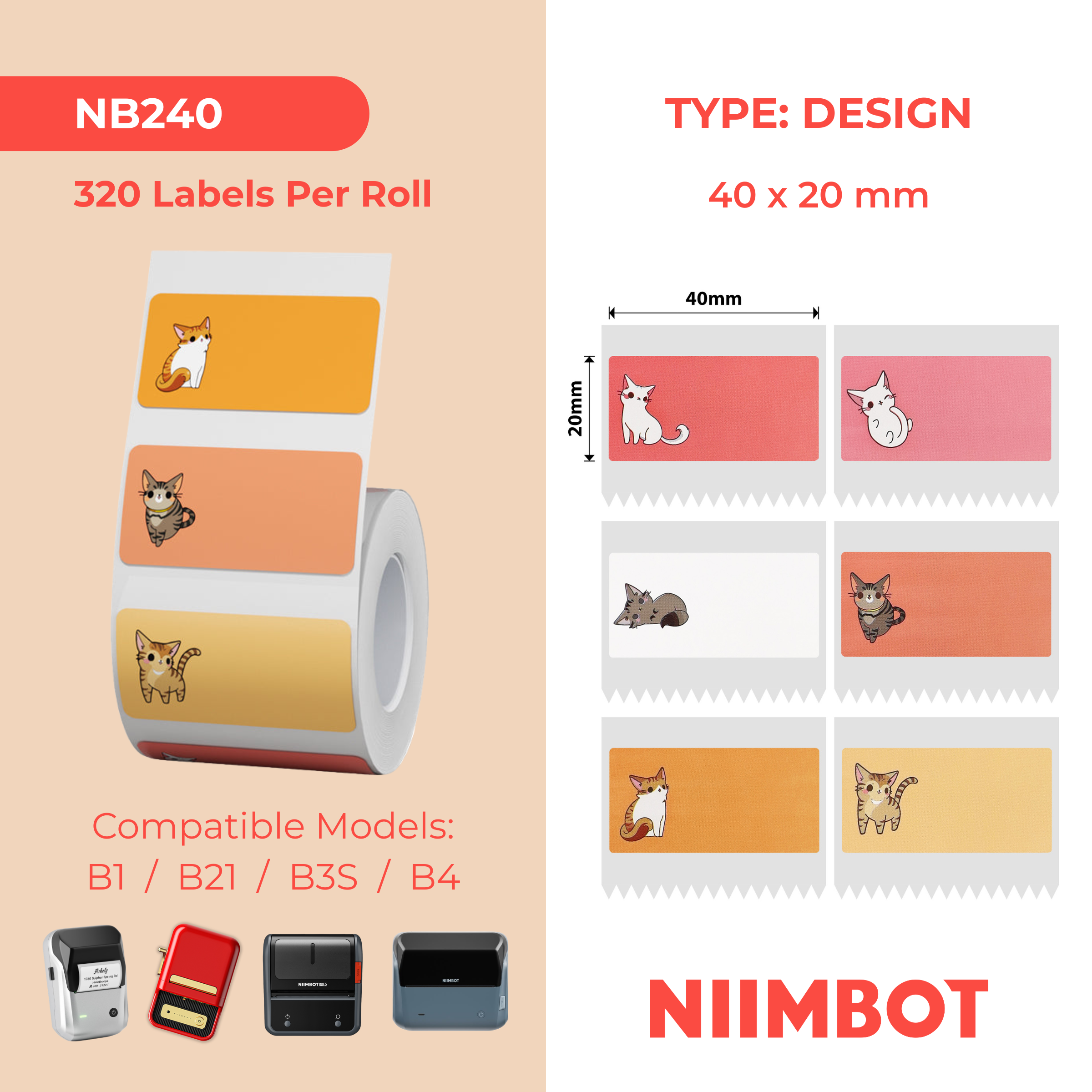 NB240 - NIIMBOT - B1 / B21 / B3S - 40*20MM - 320 ROOI/ORANJE TERMIESE ETIKETTE - CAT DESIGN
