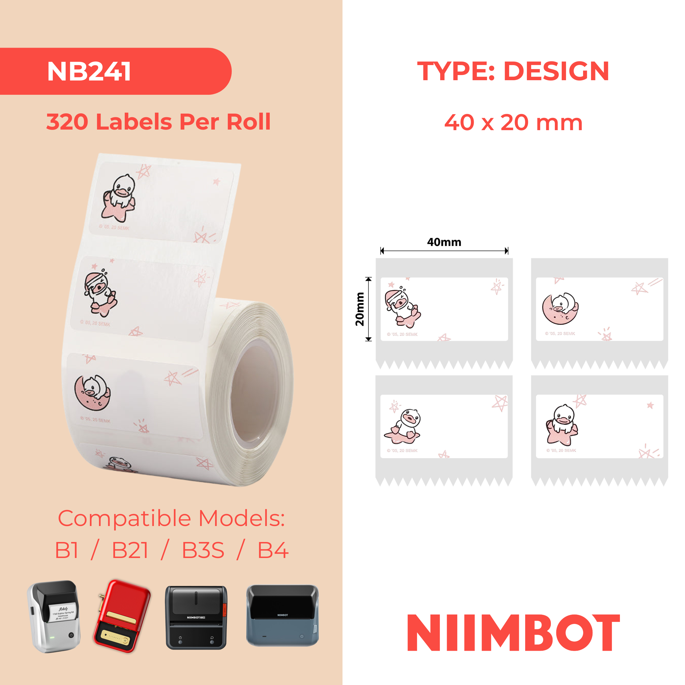 NB241 - NIIMBOT - B1 / B21 / B3S - 40*20MM - 320 ETIKETTE PER ROL - EENDONTWERP