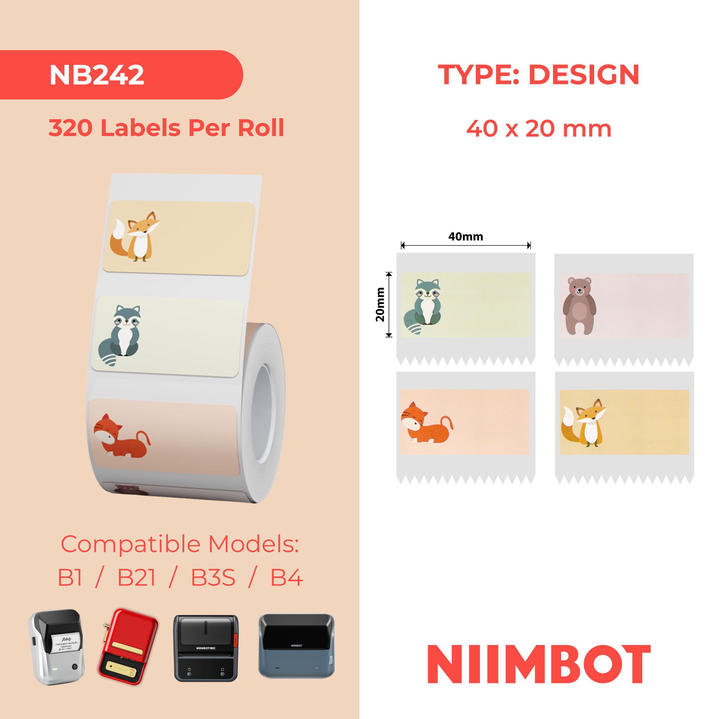 NB242 - NIIMBOT - B1 / B21 / B3S - 40*20MM - 320 TERMIESE ETIKETTE - NAAMETJIE DIERE-ONTWERP