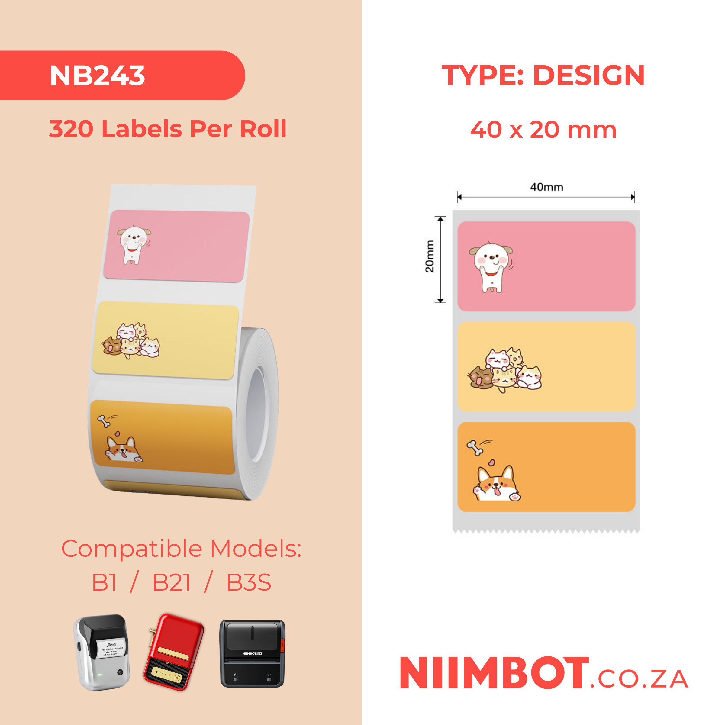NB243 - NIIMBOT - B1 / B21 / B3S - 40*20MM - 320 PINK AND ORANGE THERMAL LABELS - CAT AND DOG DESIGN