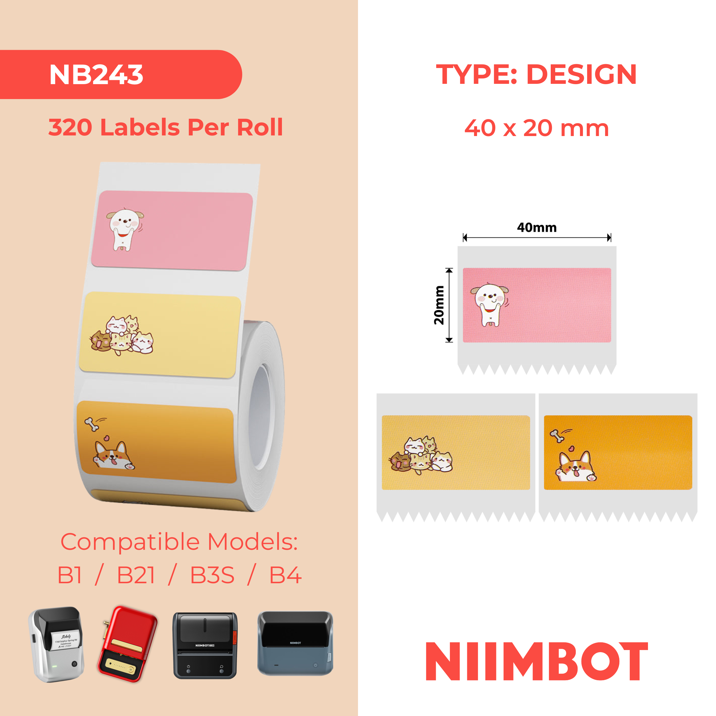 NB243 - NIIMBOT - B1 / B21 / B3S - 40*20MM - 320 PIENK EN ORANJE TERMIESE ETIKETTE - KAT- EN HONDONTWERP
