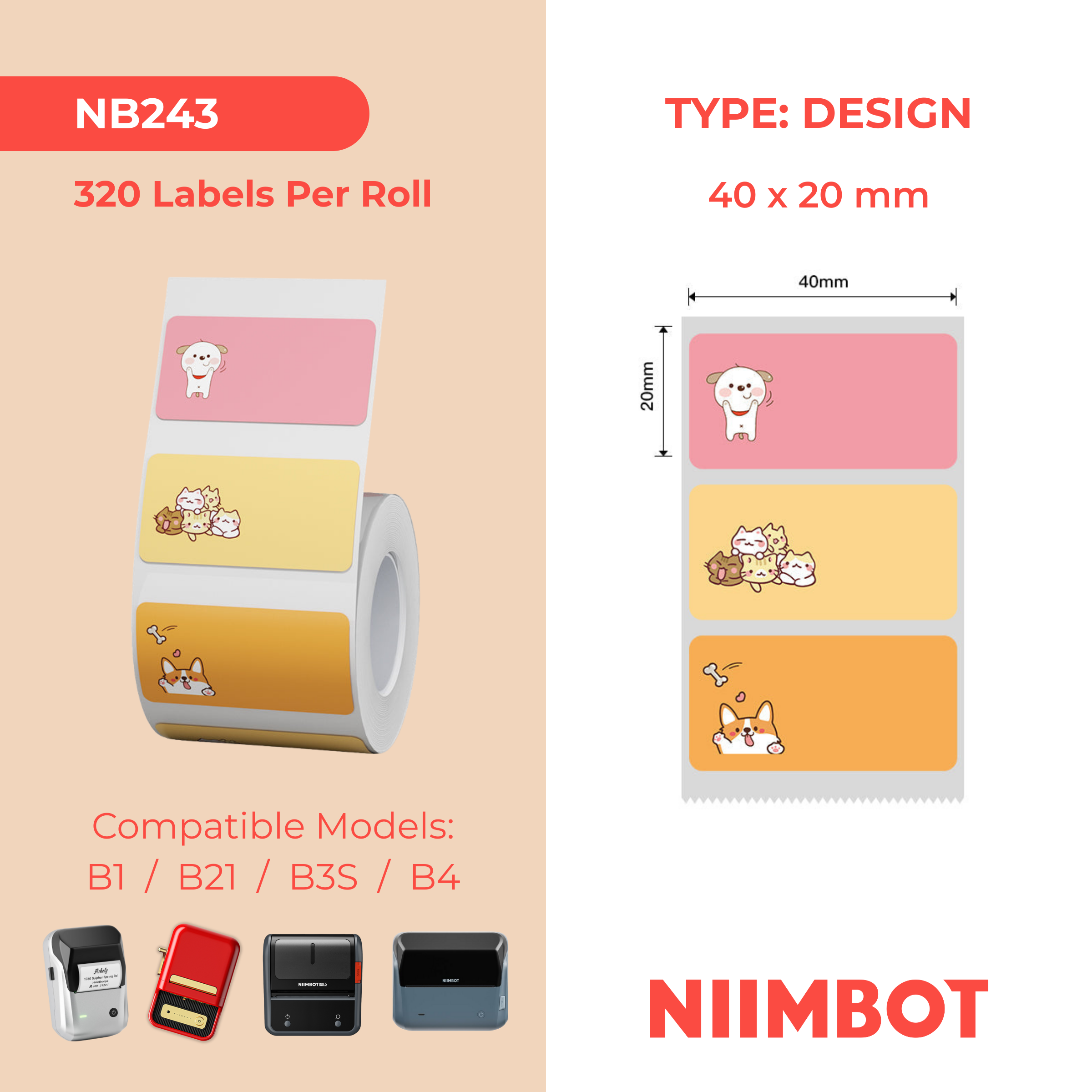 NB243 - NIIMBOT - B1 / B21 / B3S / B4 - 40X20MM - 320 PINK & ORANGE, CAT & DOG LABELS