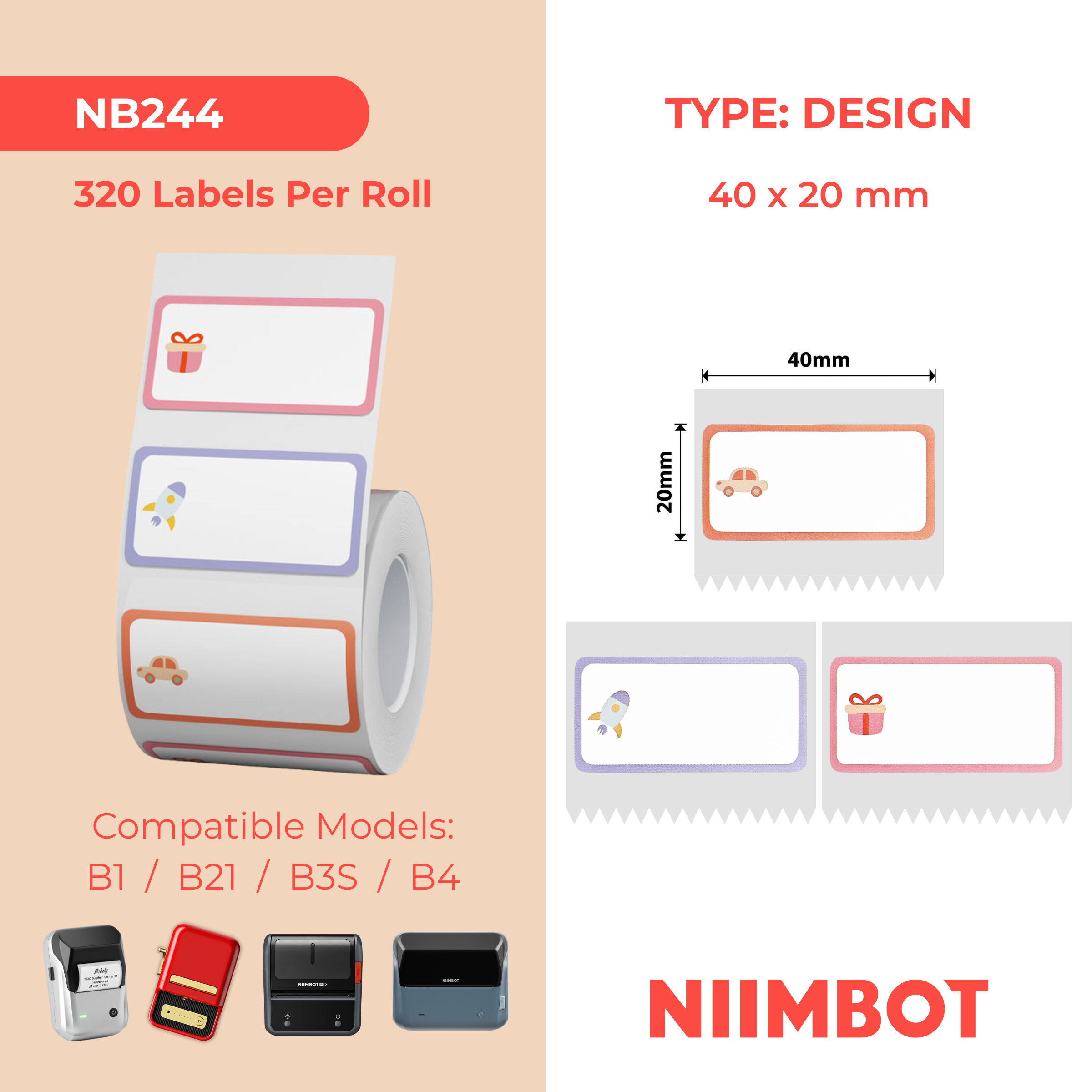 NB244 - NIIMBOT - B1 / B21 / B3S - 40*20MM - 320 ETIKETTE PER ROL - SPEELGOEDONTWERP
