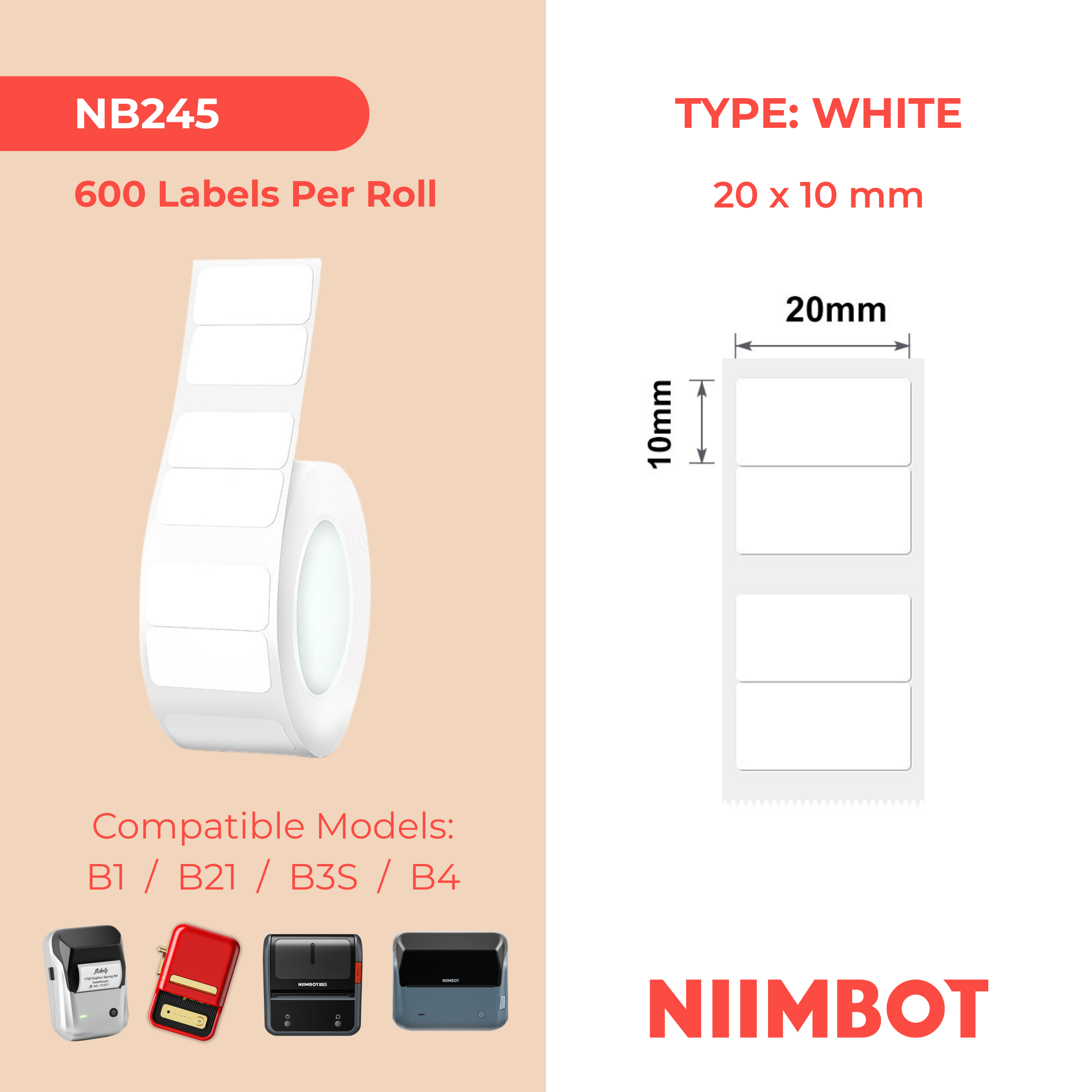 NB245 - Niimbot - B1 / B21 / B31 / B3S / B4 - 20x10mm/2R - 600 White Labels