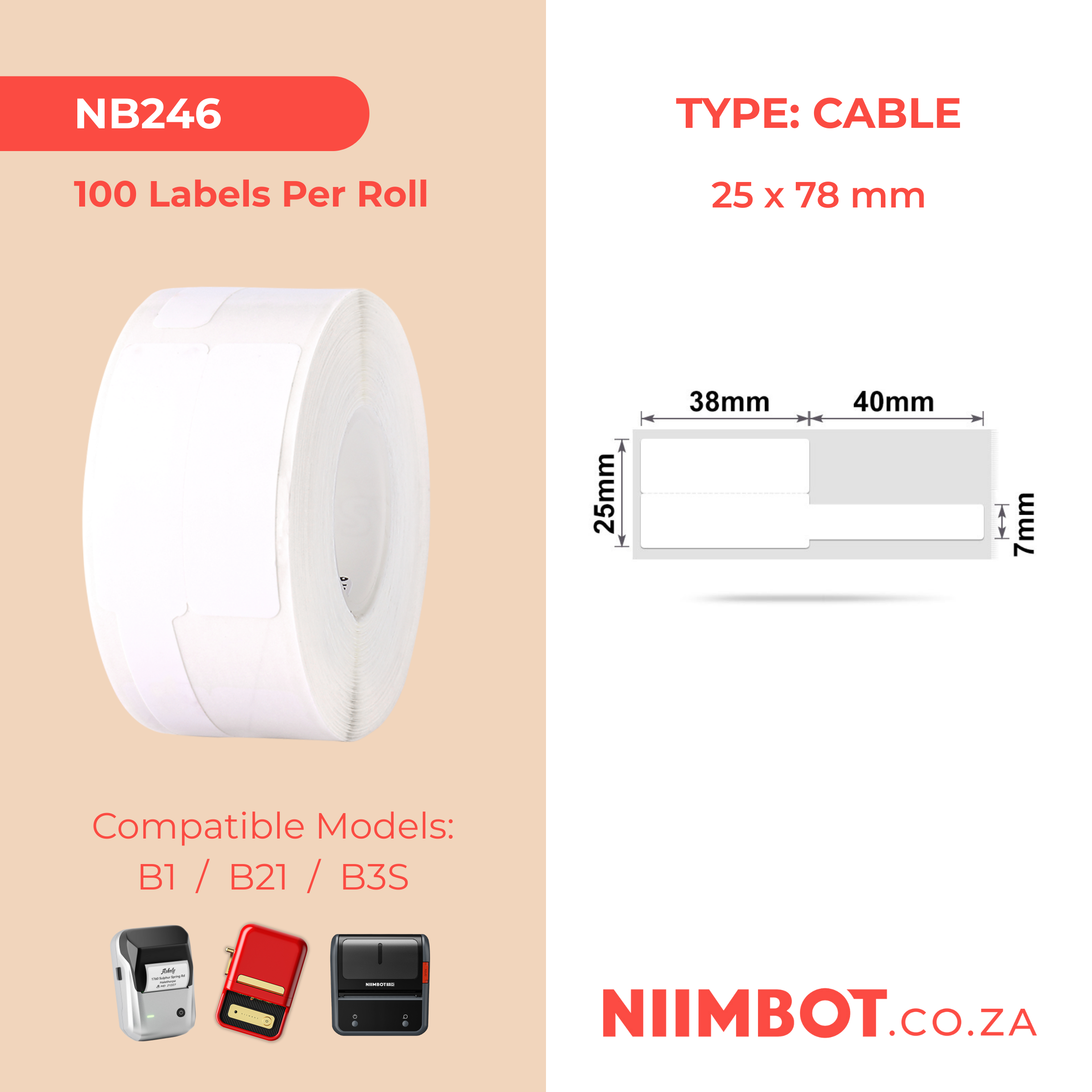 NB246 - NIIMBOT - B1 / B21 / B3S - 25*78MM - 100 LABELS PER ROLL - CABLE / JEWELLERY - WHITE