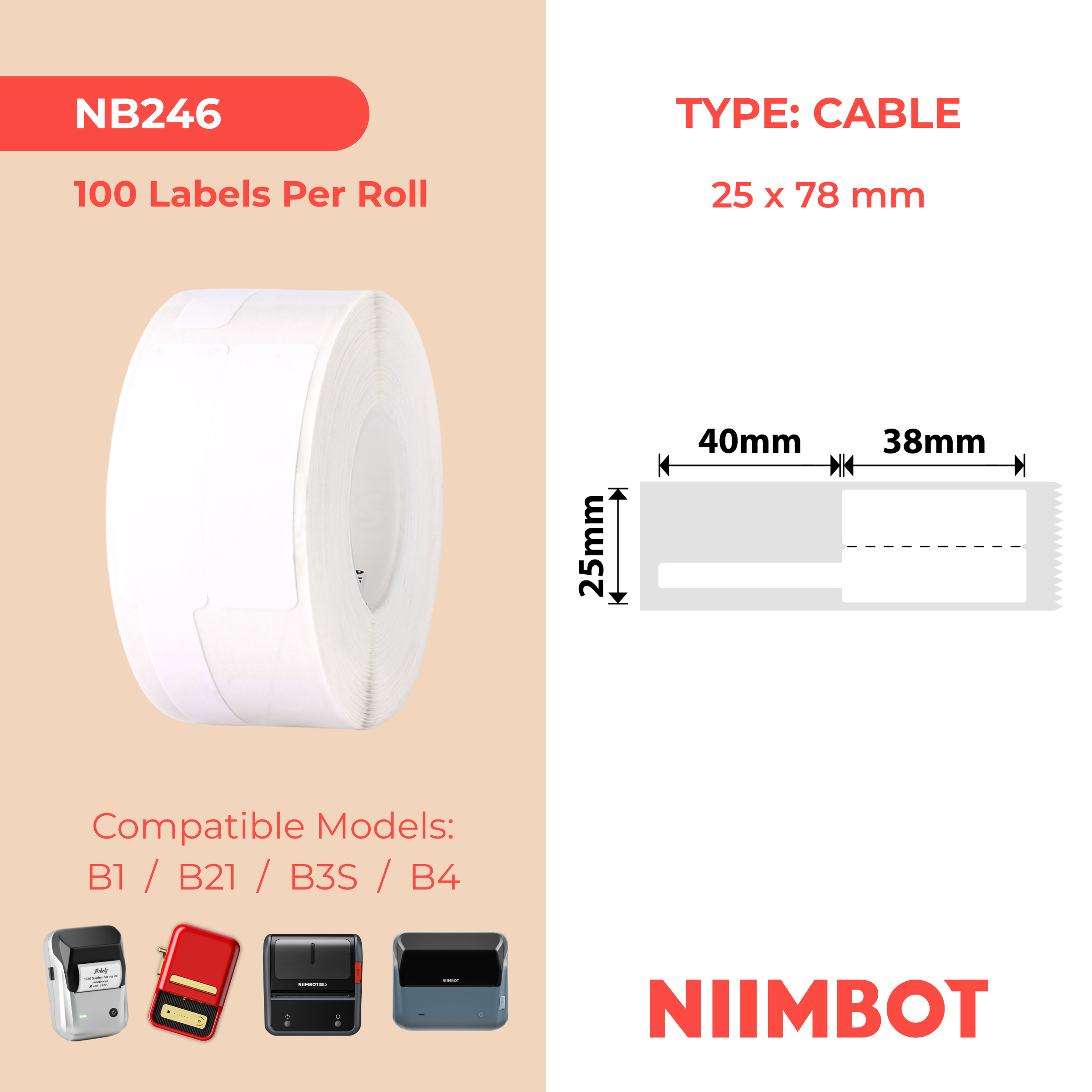 NB246 - Niimbot - B1 / B21 / B31 / B3S / B4 - 25x78mm - 100 White Cable Labels